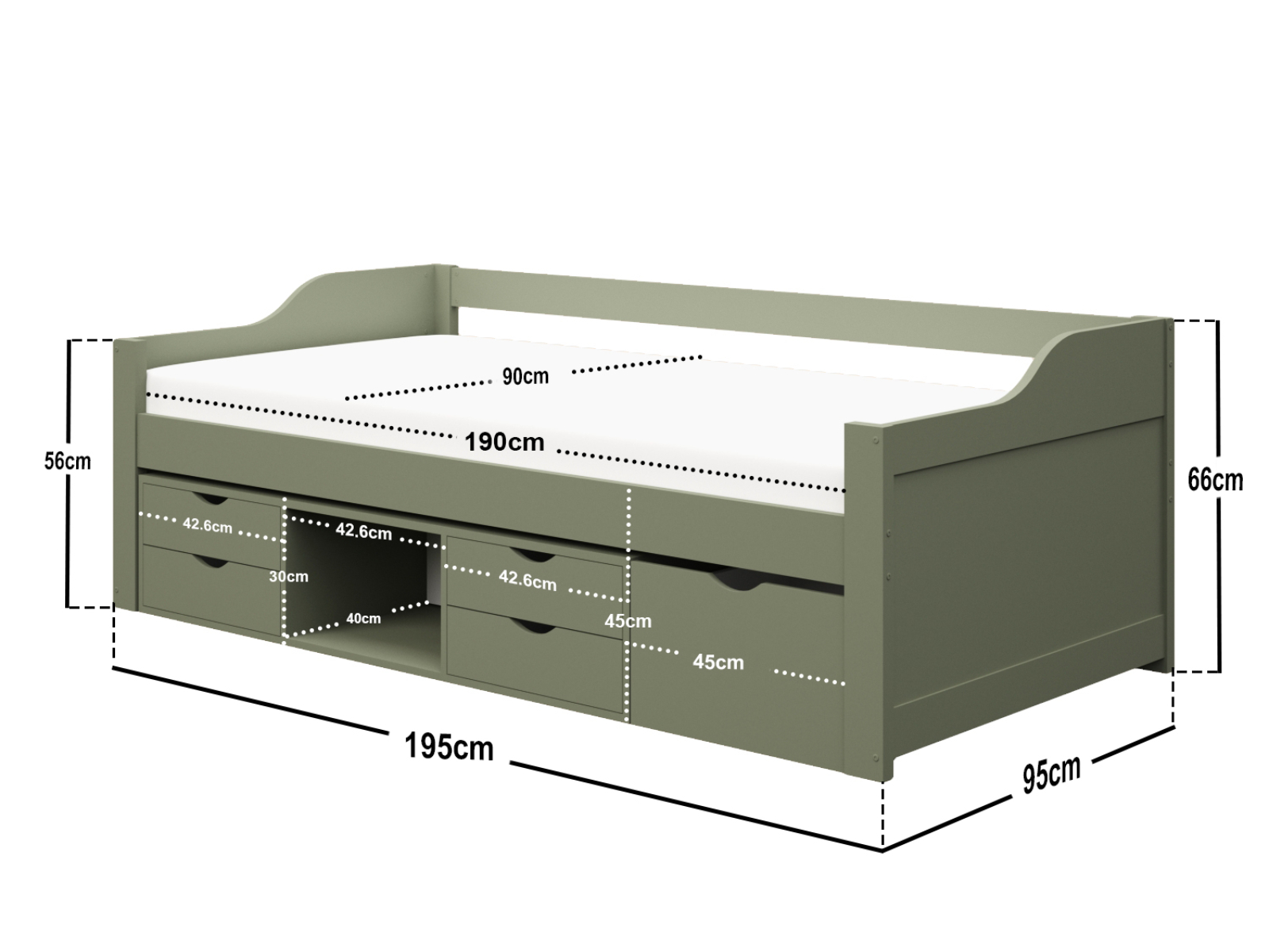 Dimensions diagram for Flair Blair Low Sleeper Bed with Storage Green