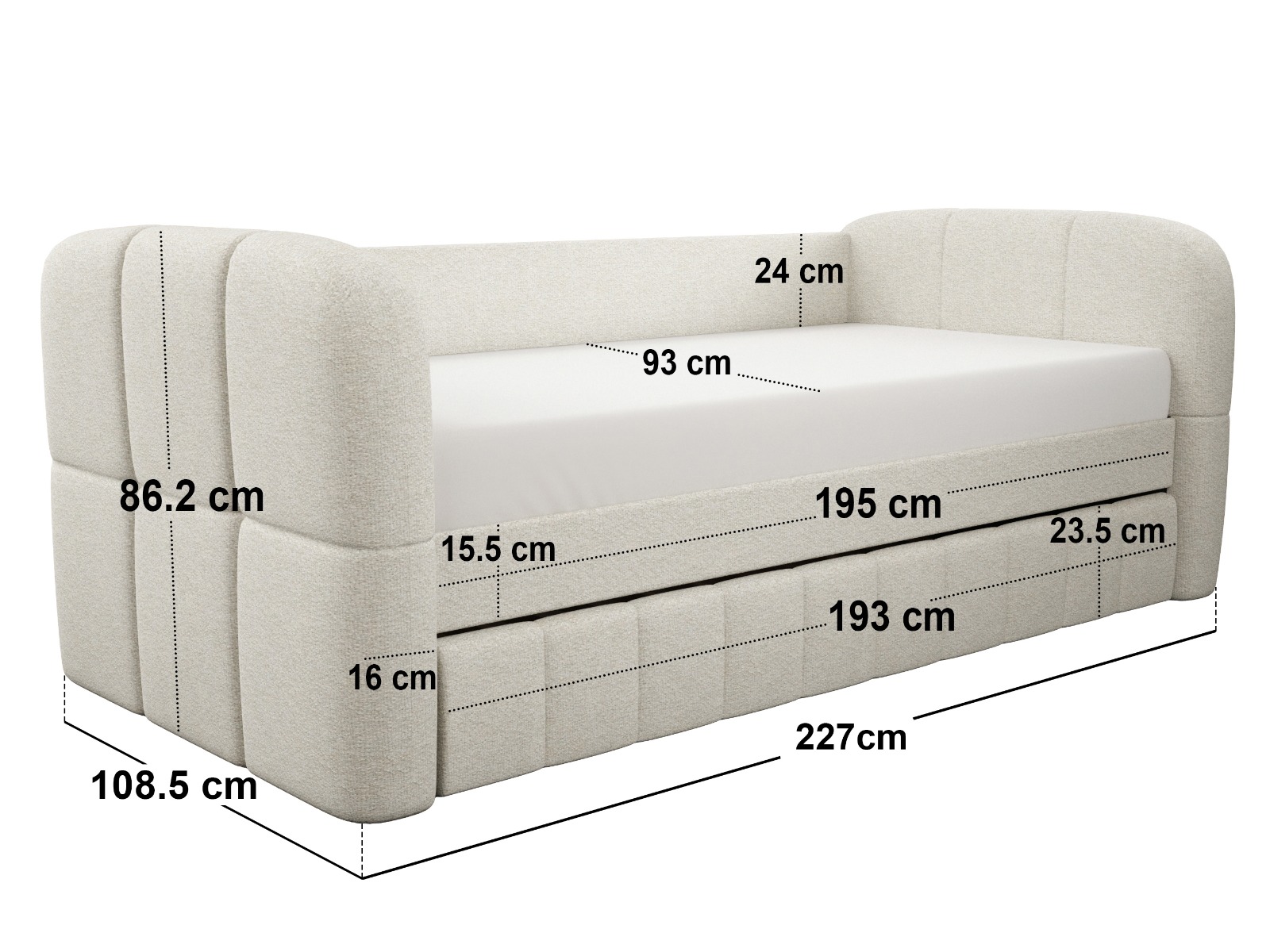 Dimensions&#x20;diagram&#x20;for&#x20;Flair&#x20;Livia&#x20;Day&#x20;Bed&#x20;with&#x20;Trundle&#x20;Cream&#x20;Chenille