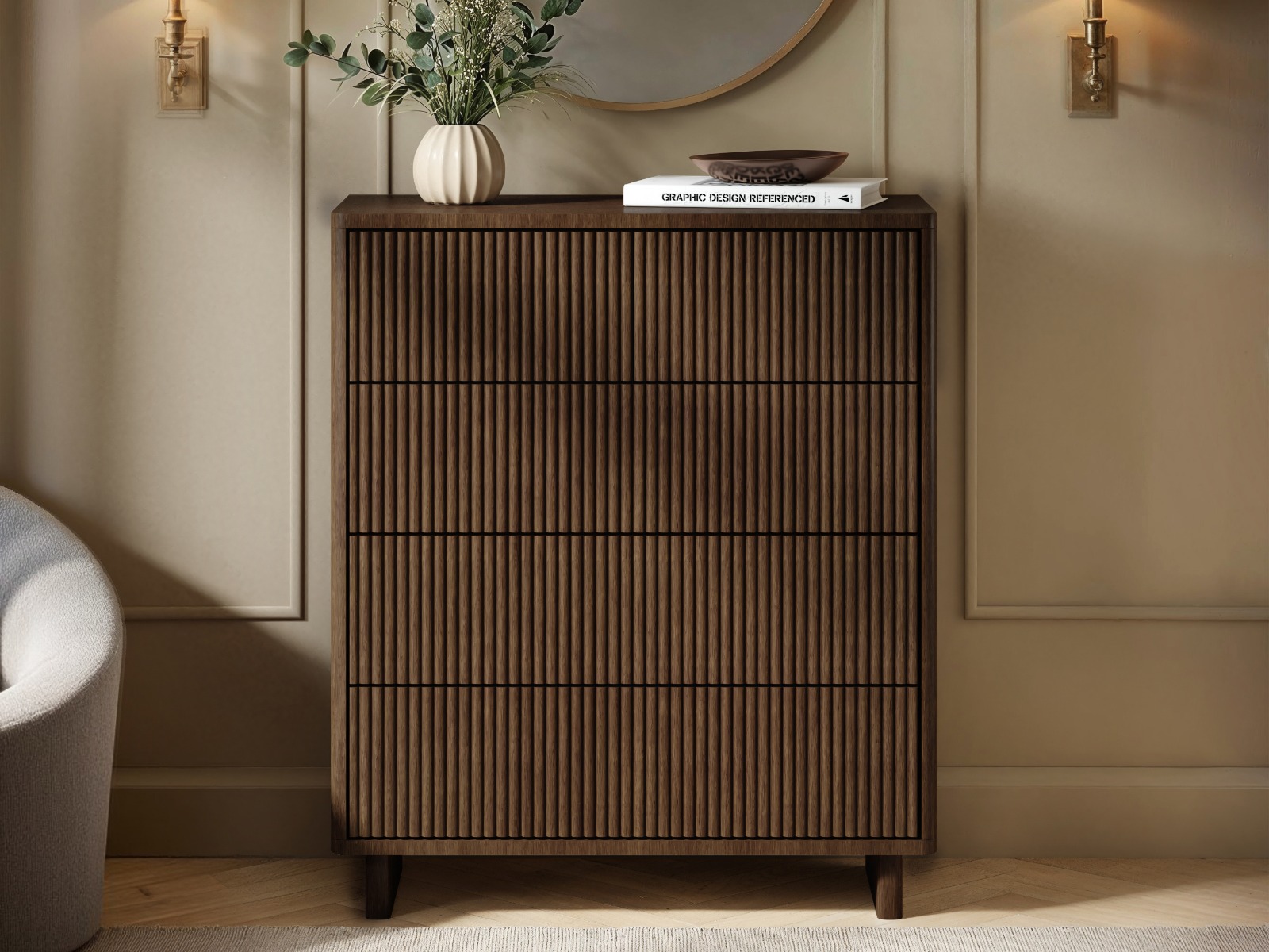 SOLACE&#x2B;CO&#x20;Velmor&#x20;Ribbed&#x20;Chest&#x20;of&#x20;5&#x20;Drawers&#x20;Walnut