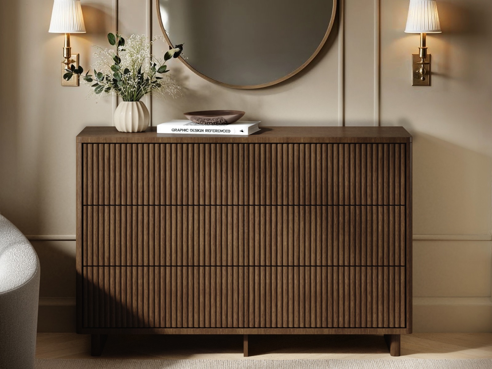SOLACE&#x2B;CO&#x20;Velmor&#x20;Ribbed&#x20;Chest&#x20;of&#x20;6&#x20;Drawers&#x20;Walnut