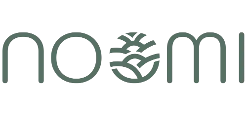 Logo with the stylized word Noomi in teal, featuring connected os and a sun-like emblem.