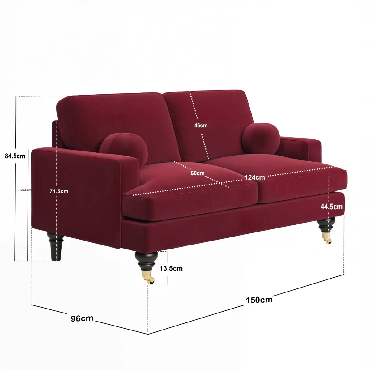 Dimensions diagram for SOLACE+CO Addison 2 Seater Sofa with Caster Legs Burgundy Velvet