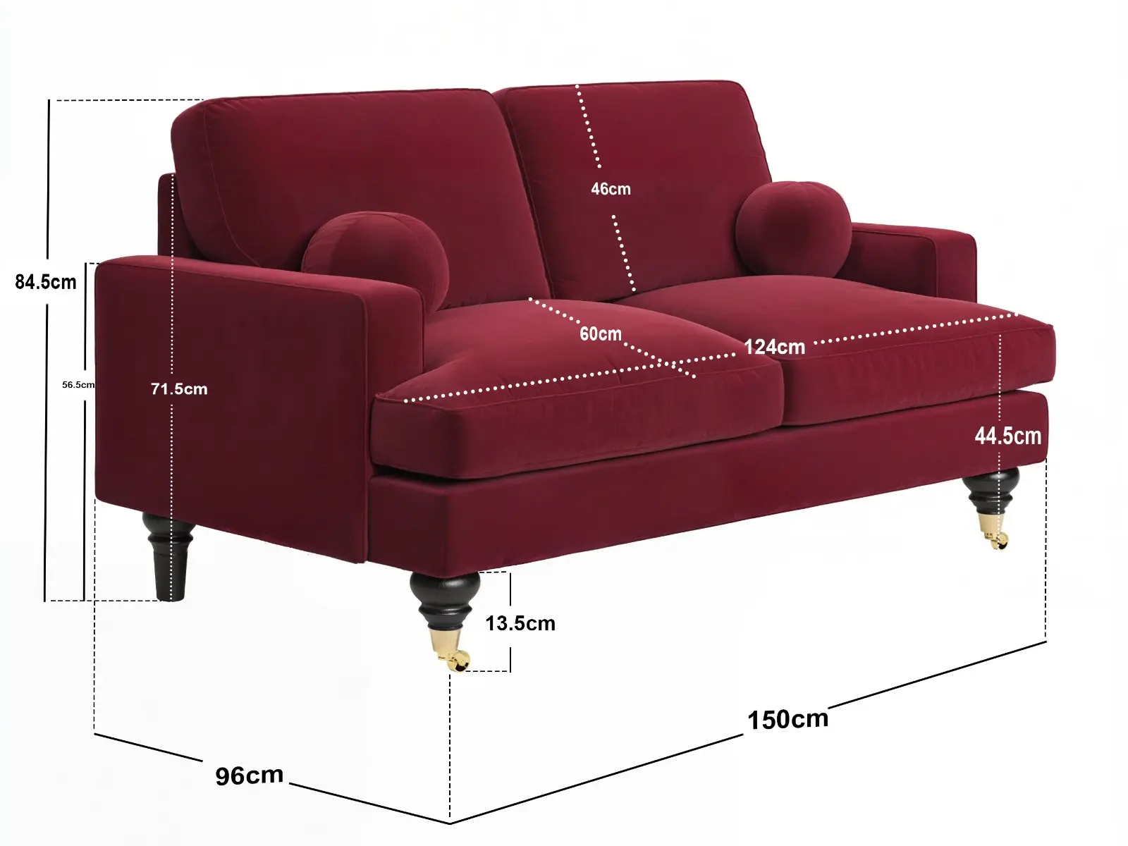 Dimensions diagram for SOLACE+CO Addison 2 Seater Sofa with Caster Legs
