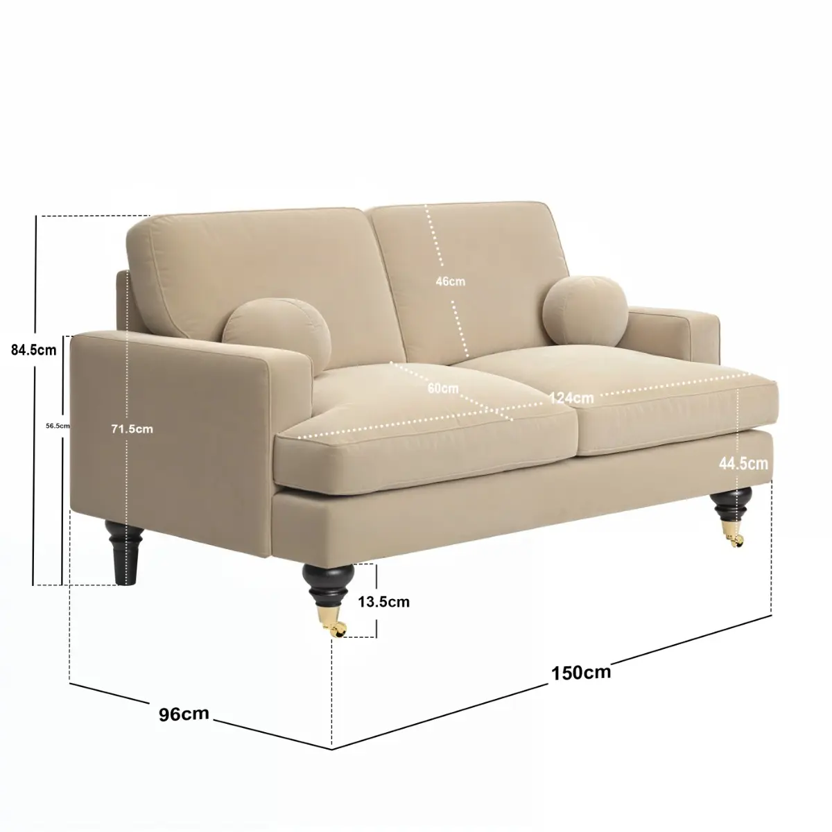 Dimensions diagram for SOLACE+CO Addison 2 Seater Sofa with Caster Legs Beige Velvet
