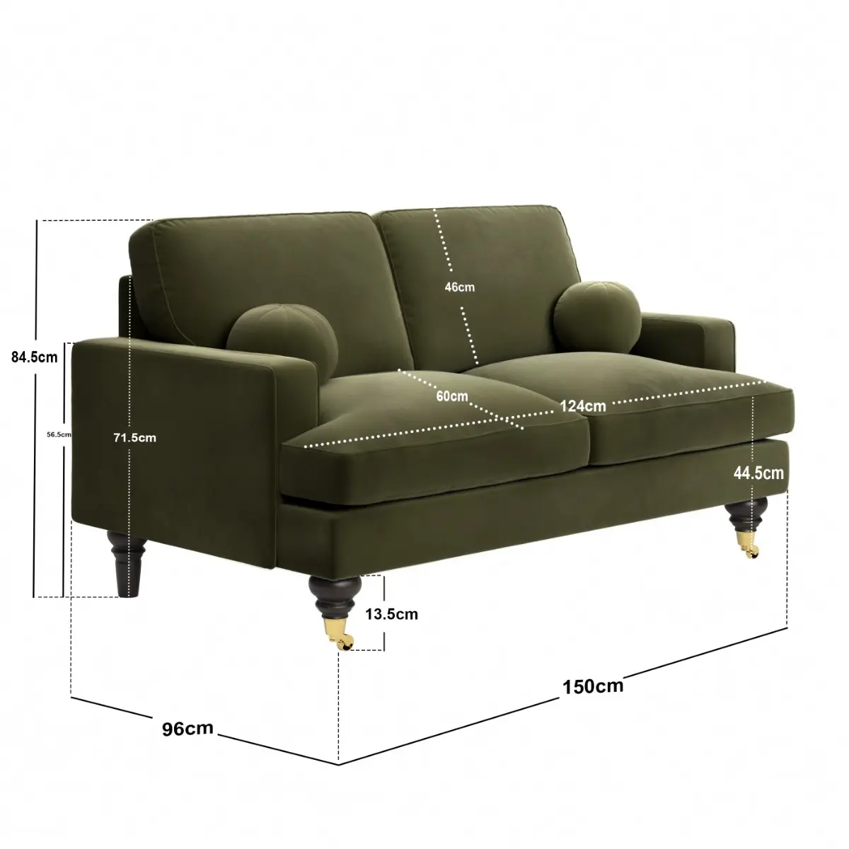 Dimensions diagram for SOLACE+CO Addison 2 Seater Sofa with Caster Legs Khaki Green Velvet