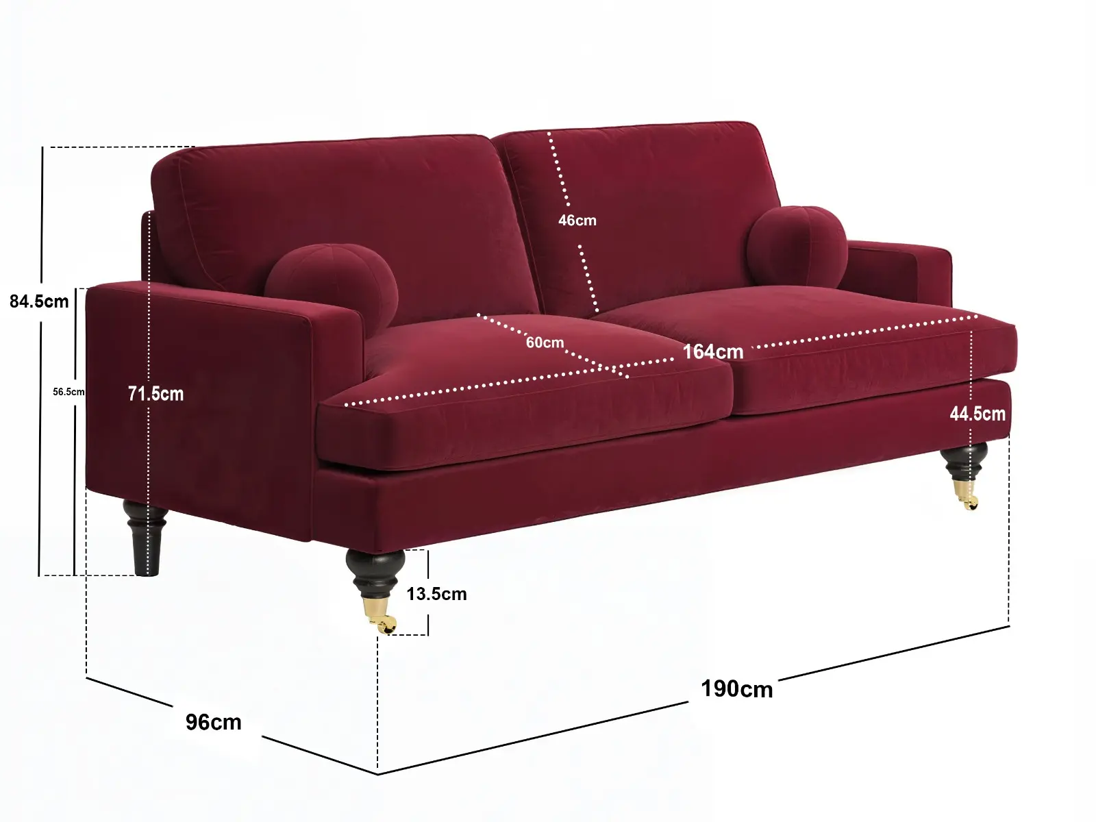 Dimensions diagram for SOLACE+CO Addison 3 Seater Sofa with Caster Legs
