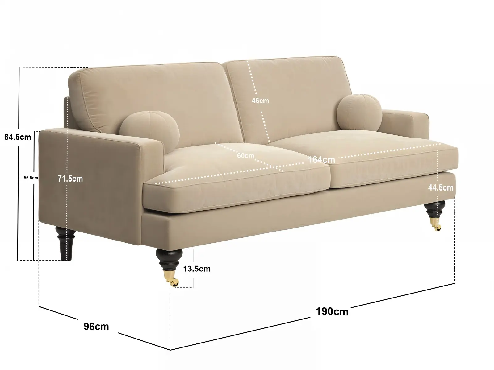 Dimensions diagram for SOLACE+CO Addison 3 Seater Sofa with Caster Legs Beige Velvet