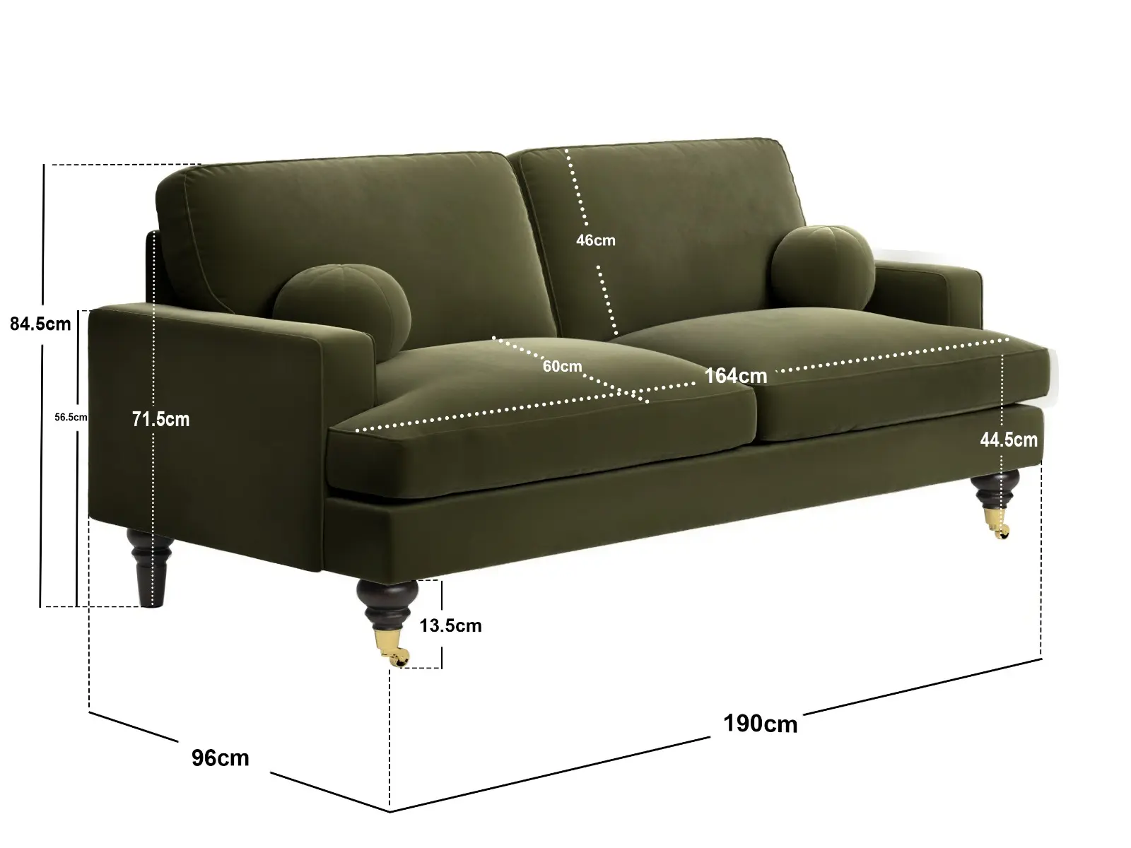 Dimensions diagram for SOLACE+CO Addison 3 Seater Sofa with Caster Legs Khaki Green Velvet