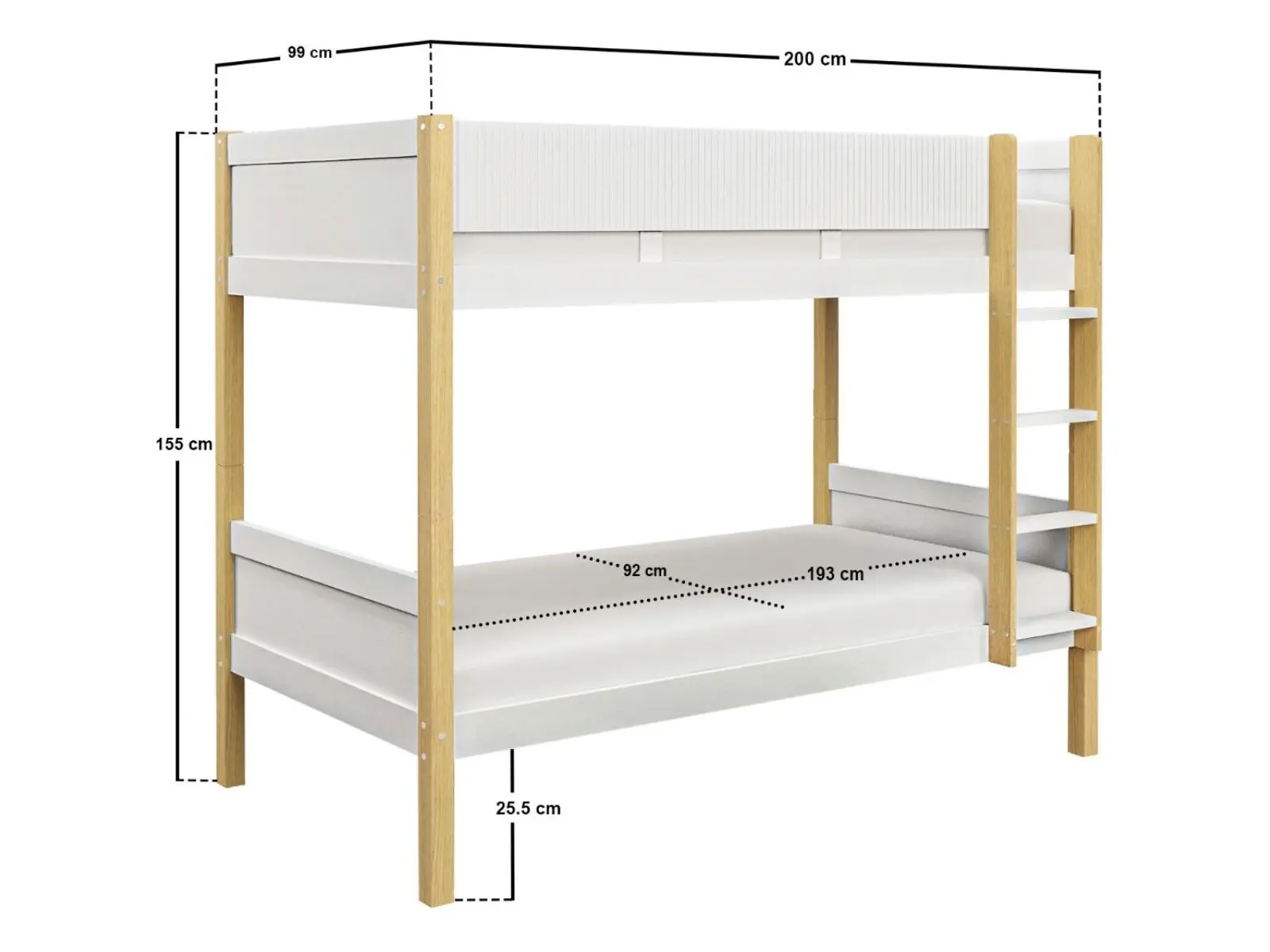 Dimensions diagram for Flair Mateo Detachable Ribbed Bunk Bed Oak & White