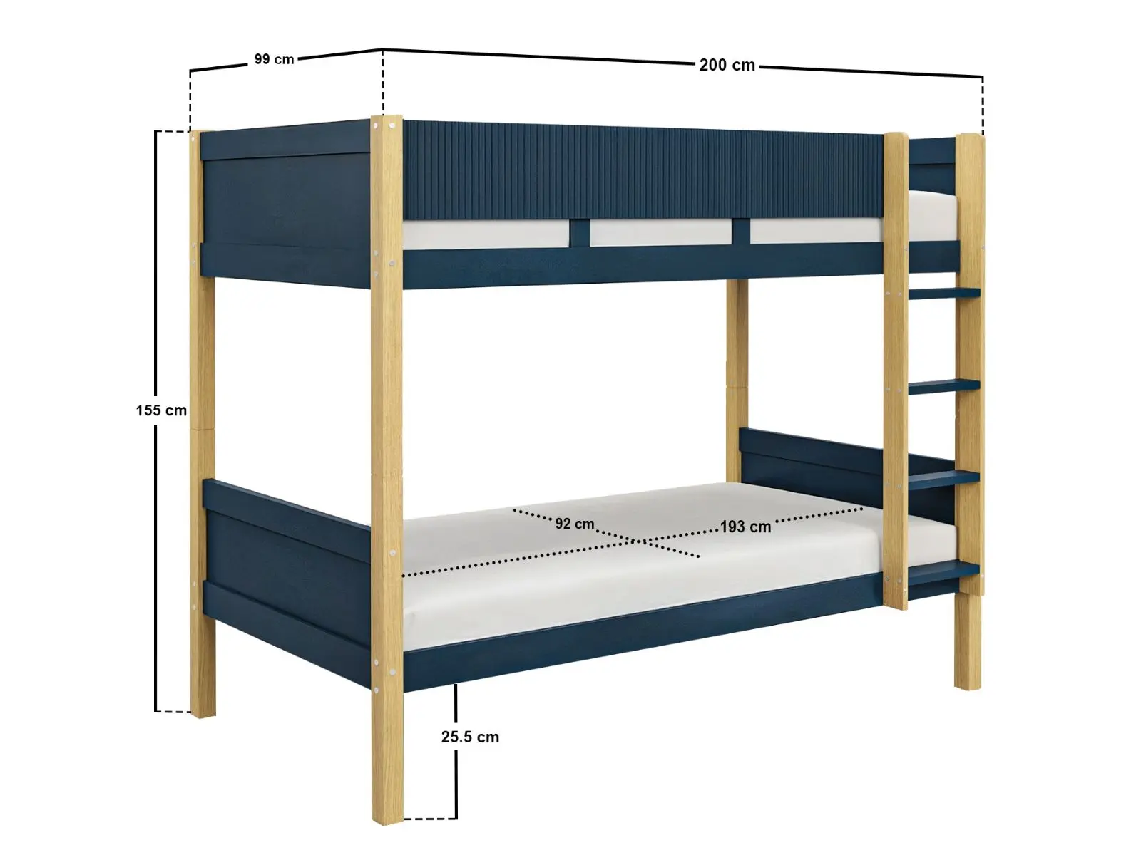 Dimensions diagram for Flair Mateo Detachable Ribbed Bunk Bed Oak & Navy