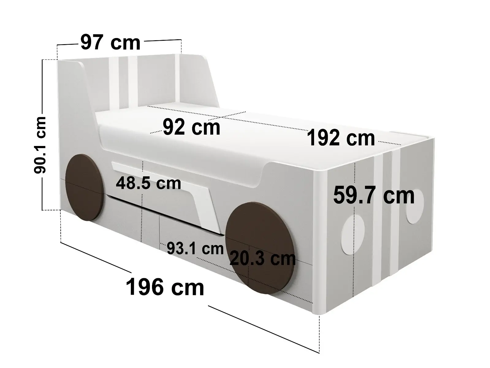 Dimensions diagram for  Flair Cooper Single Car Bed with Drawers Grey & Brown
