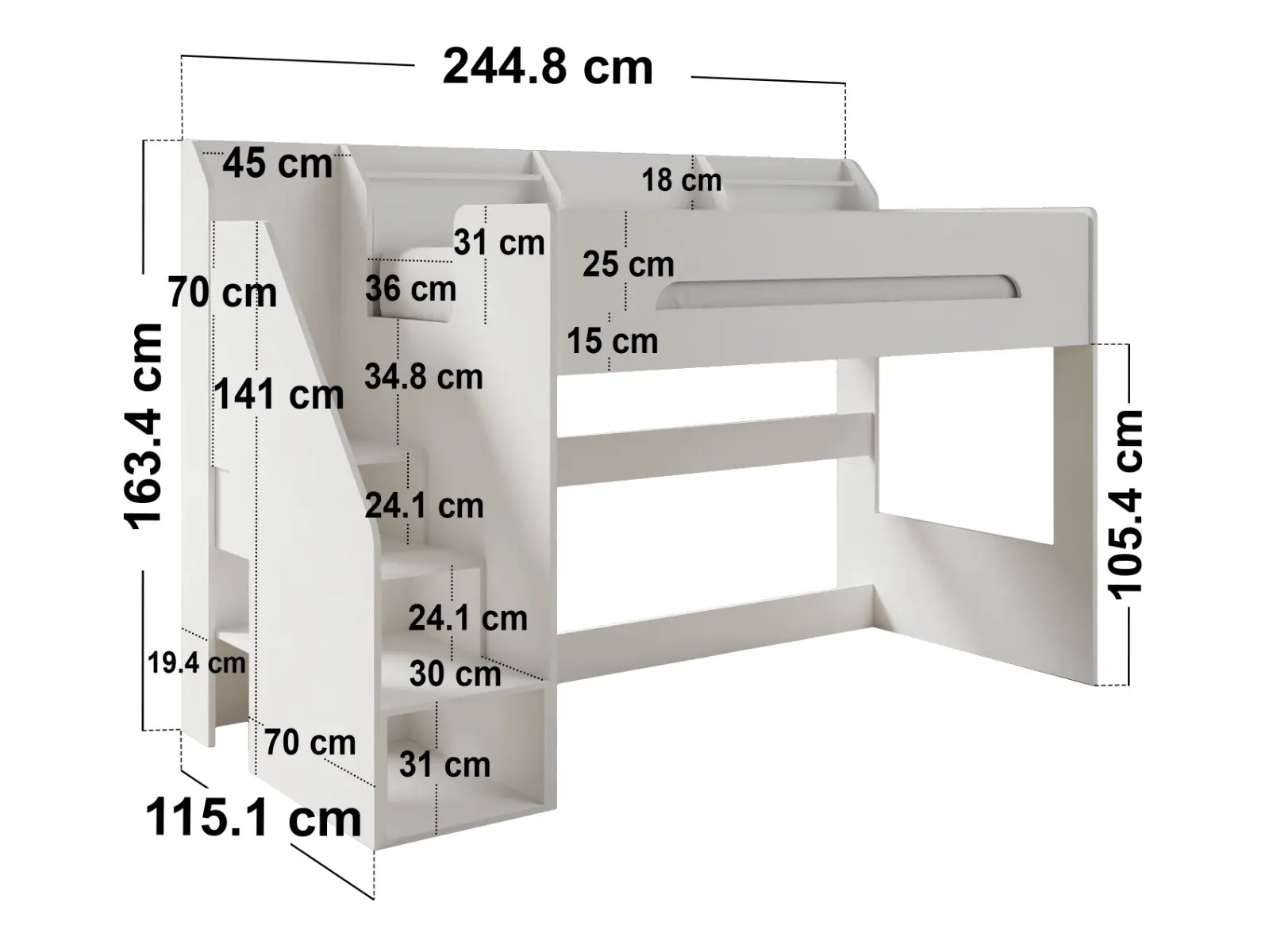 Dimensions diagram for Flair Stepaside Staircase High Sleeper Storage Station White