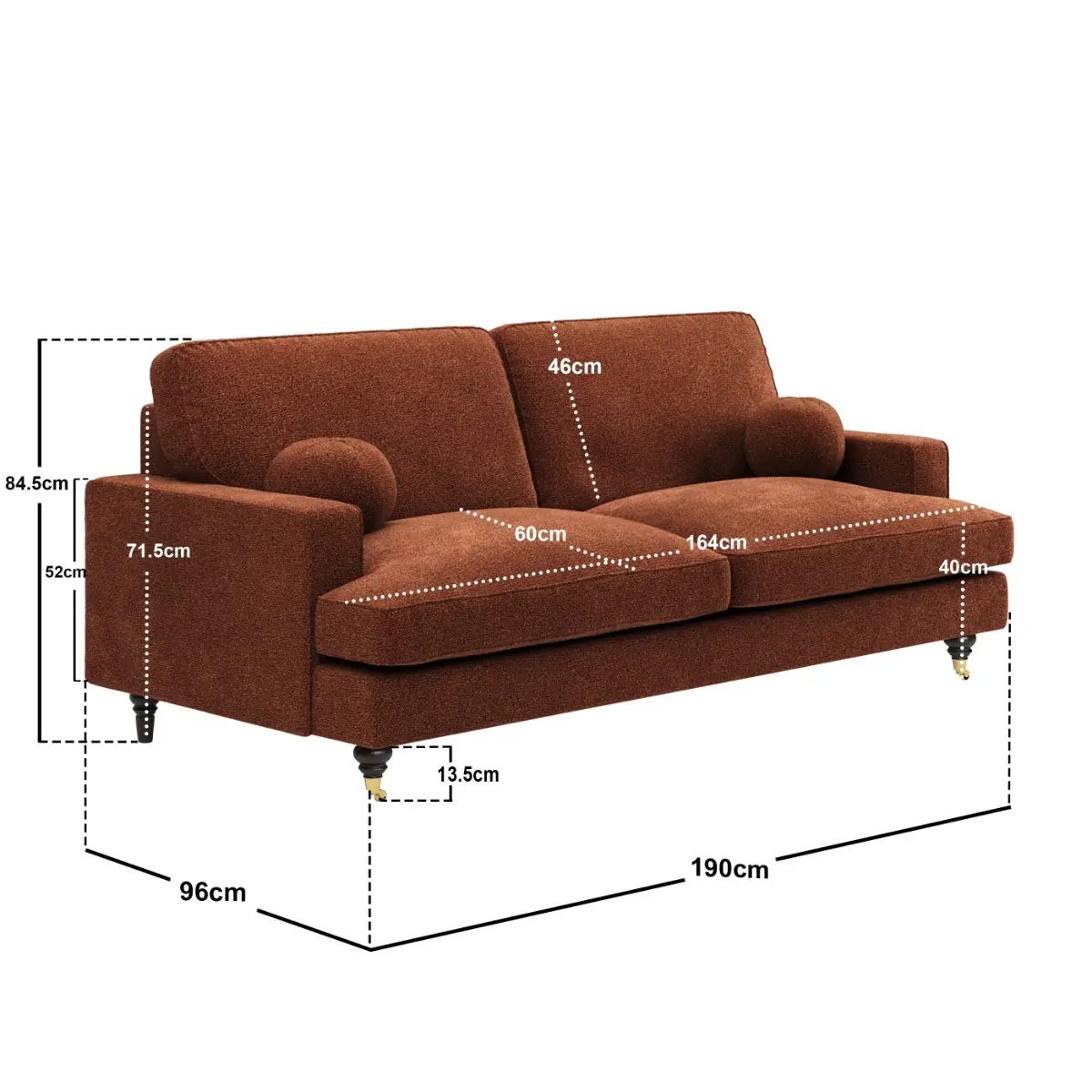 Dimensions diagram for SOLACE+CO Addison 3 Seater Sofa Burnt Orange Chenille