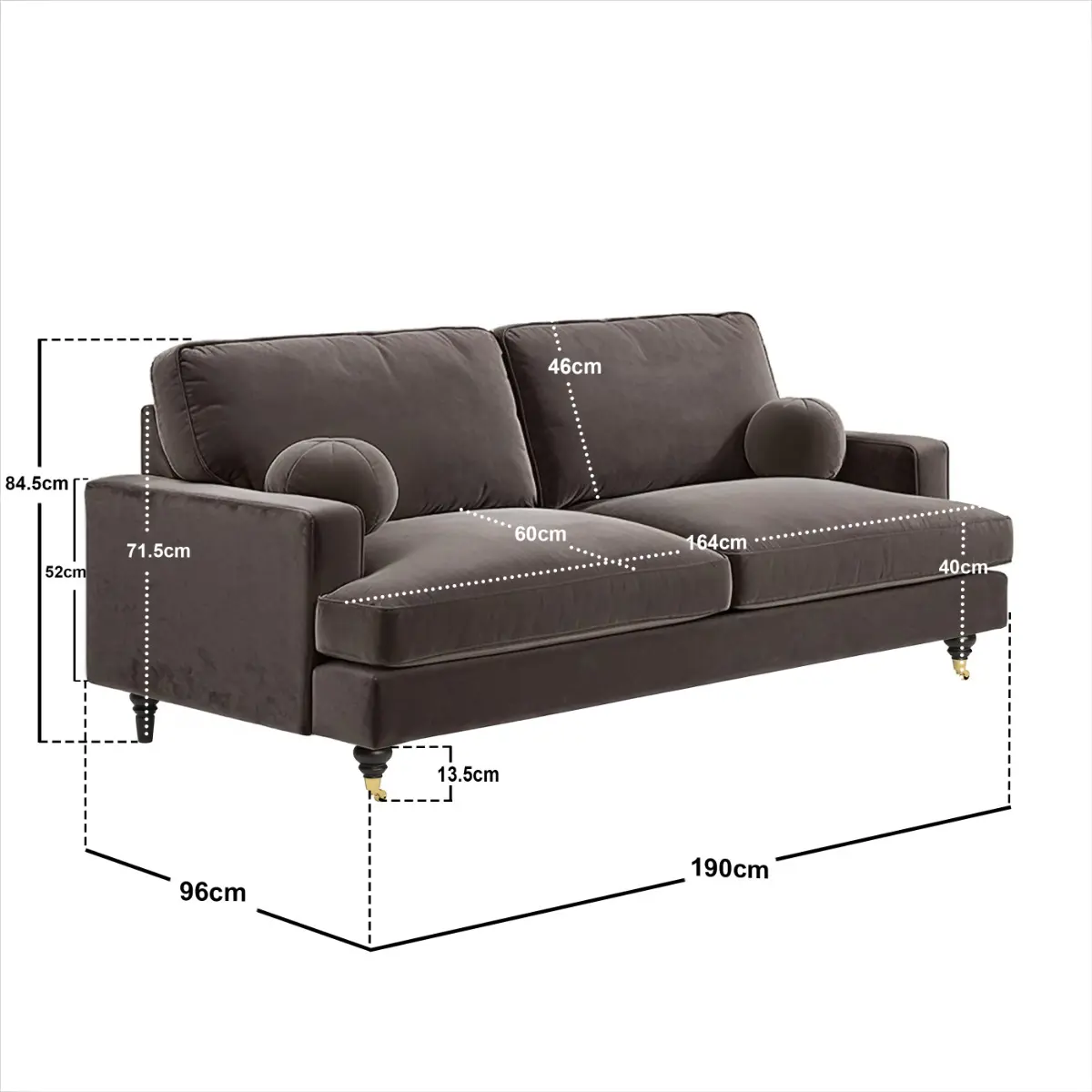 Dimensions diagram for SOLACE+CO Addison 3 Seater Mocha Velvet Sofa