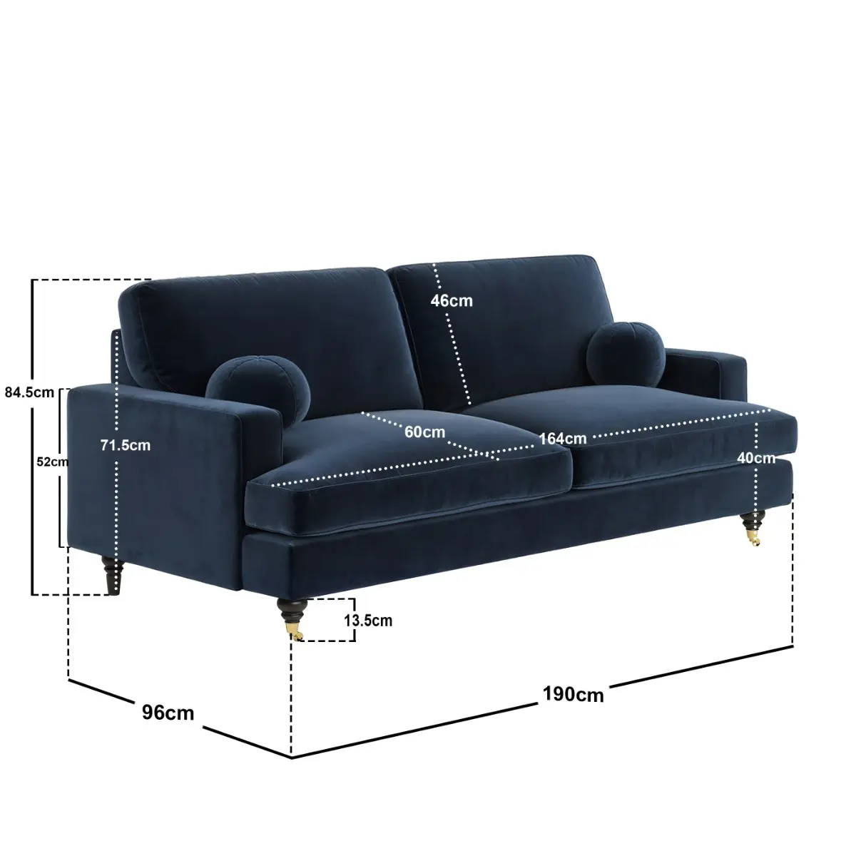 Dimensions diagram for SOLACE+CO Addison 3 Seater Blue Velvet Sofa