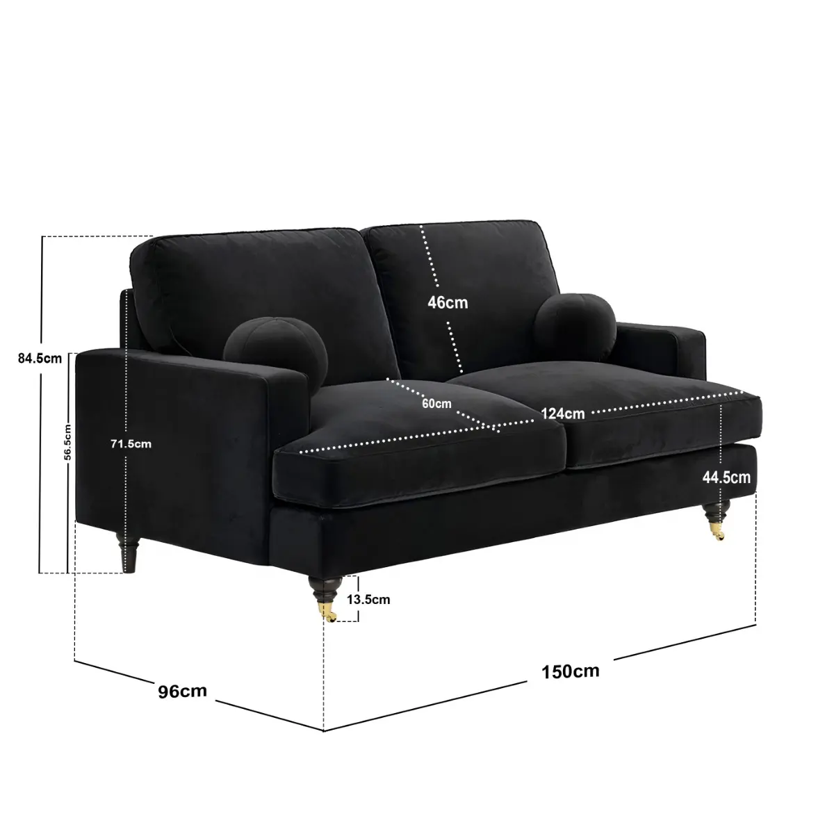 Dimensions diagram for SOLACE+CO Addison 2 Seater Sofa with Caster Legs Black Velvet