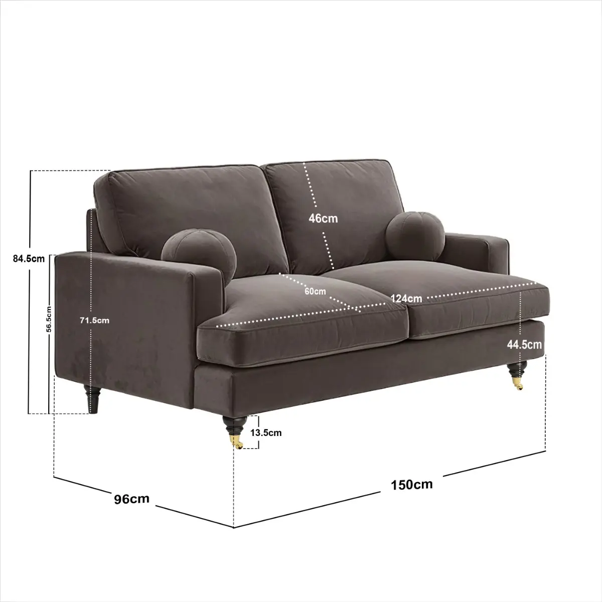 Dimensions diagram for SOLACE+CO Addison 2 Seater with Caster Legs Mocha Velvet Sofa