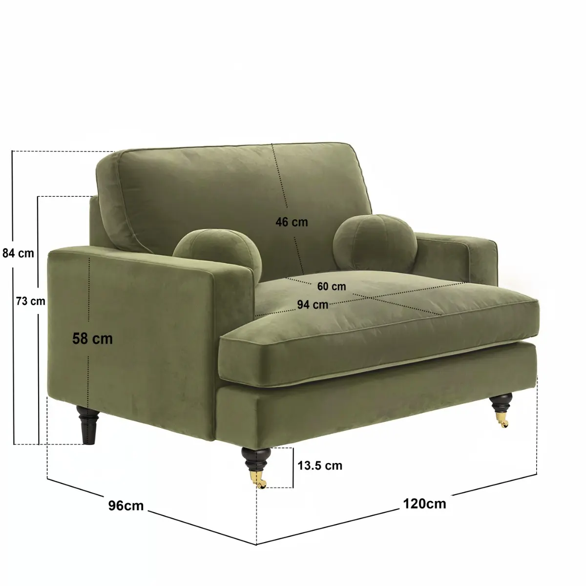 Dimensions diagram for SOLACE+CO Addison Loveseat with Caster Legs Khaki Green Velvet