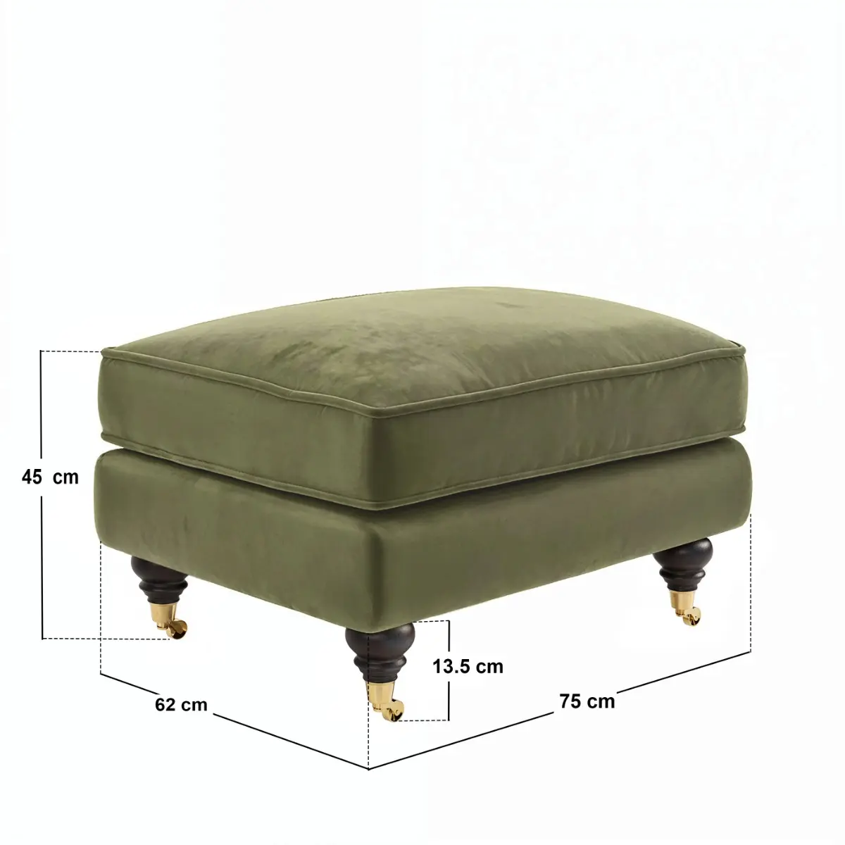 Dimensions diagram for SOLACE+CO Addison Footstool with Caster Legs Khaki Green Velvet