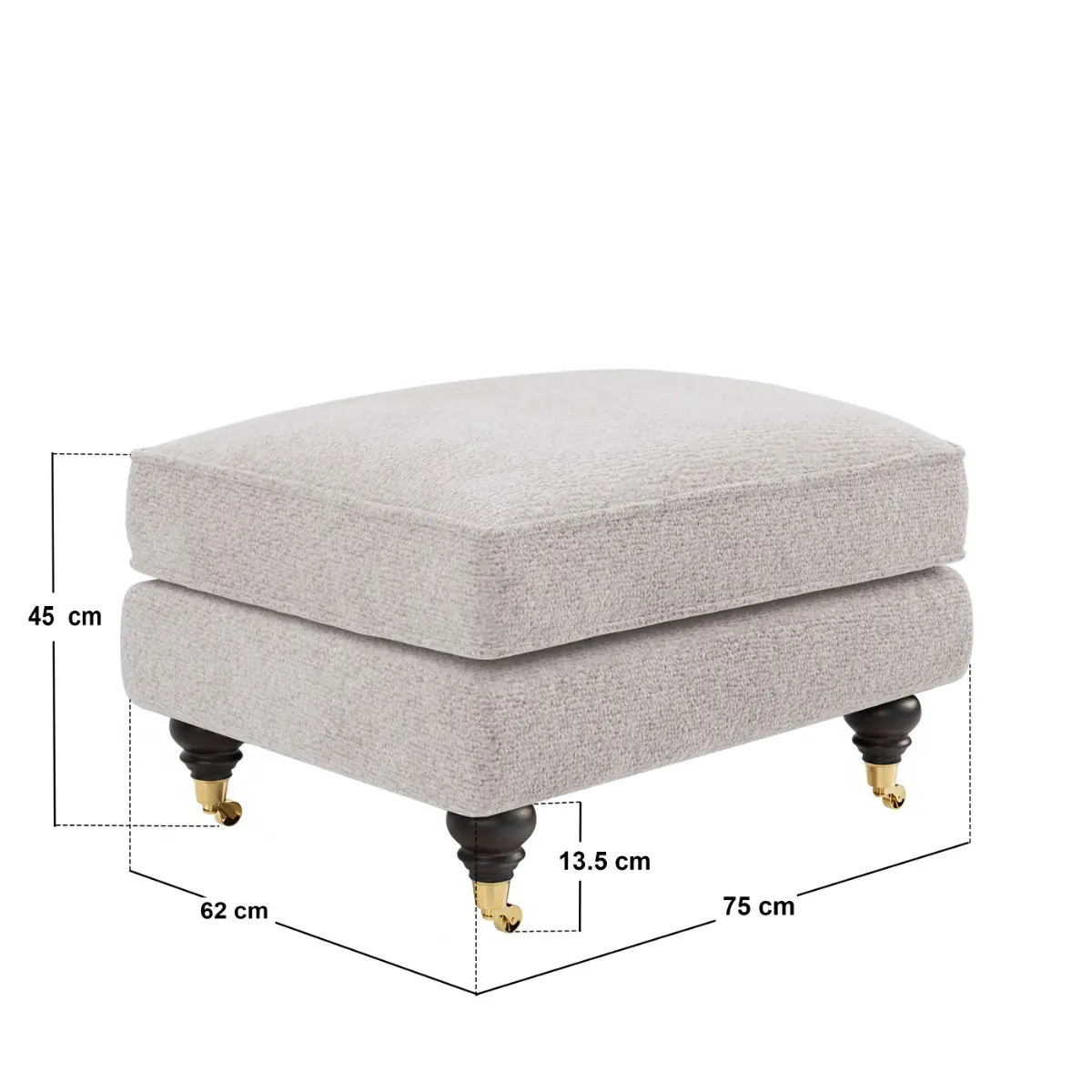 Dimensions diagram for SOLACE+CO Addison Footstool with Caster Legs Beige Boucle