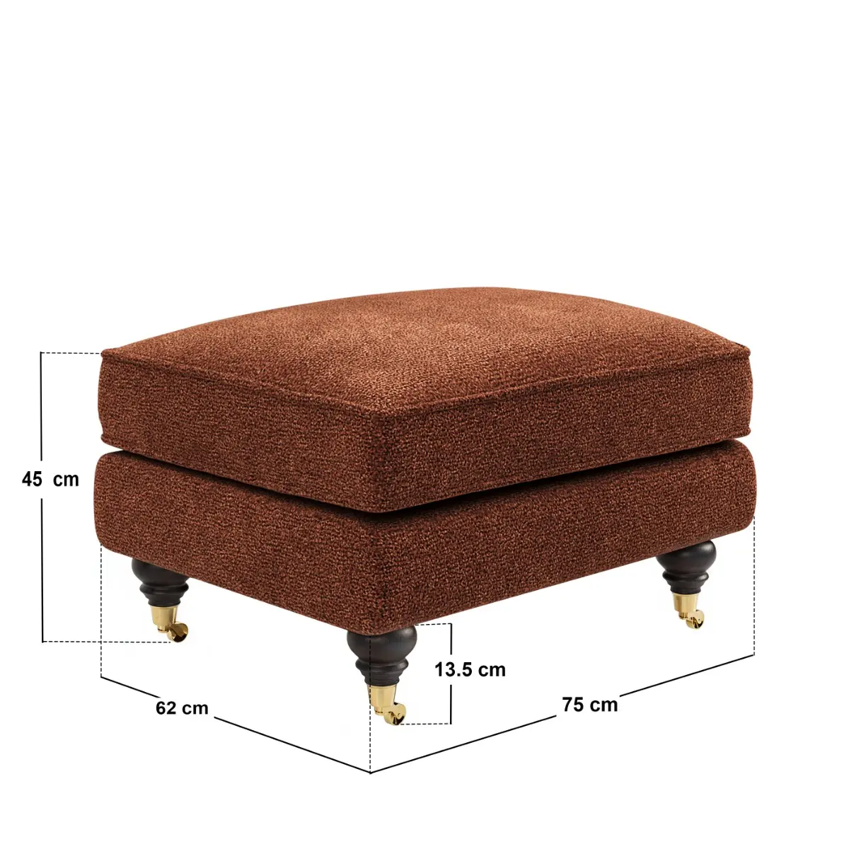 Dimensions diagram for SOLACE+CO Addison Footstool with Caster Legs Burnt Orange Chenille