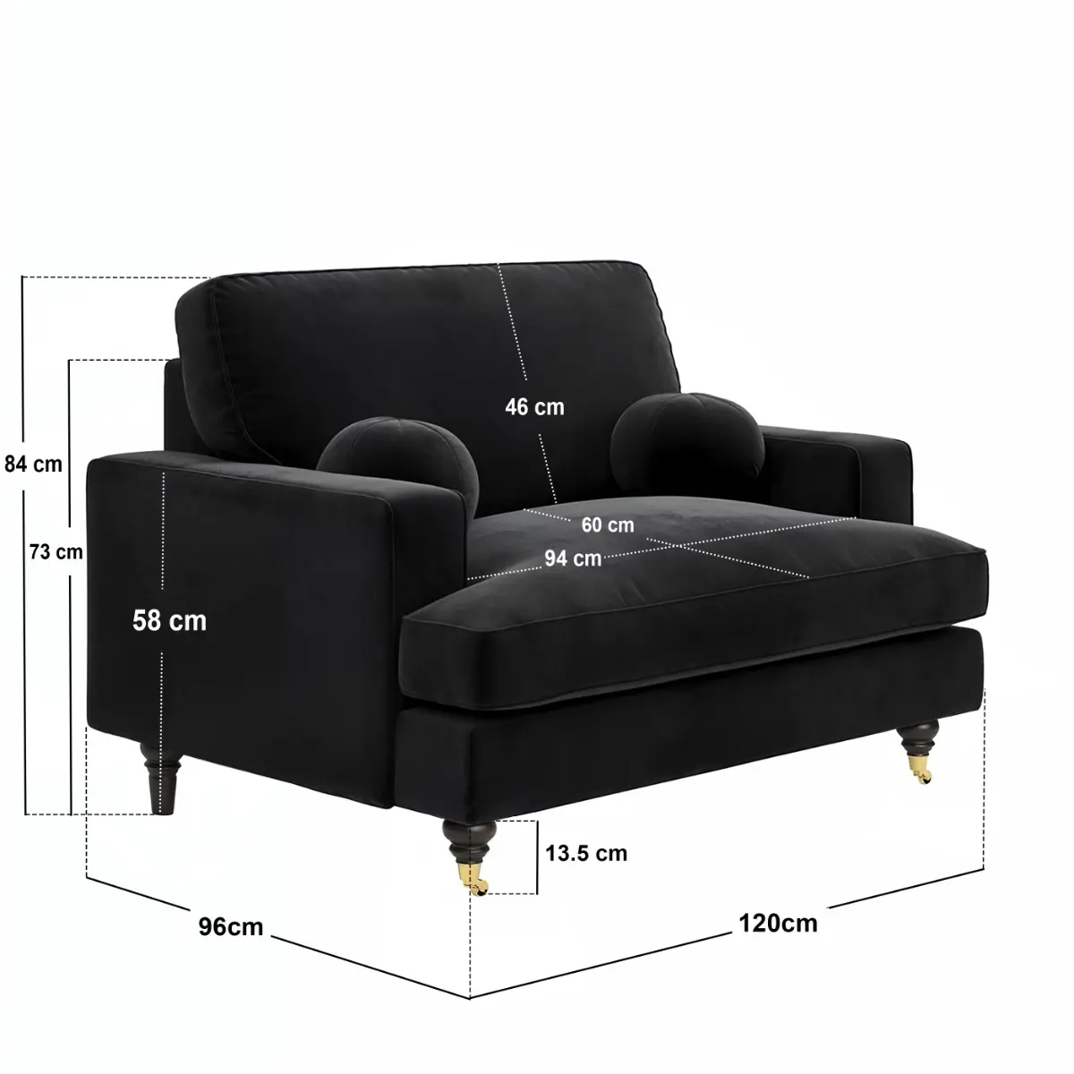 Dimensions diagram for SOLACE+CO Addison Loveseat & Footstool Bundle Black Velvet