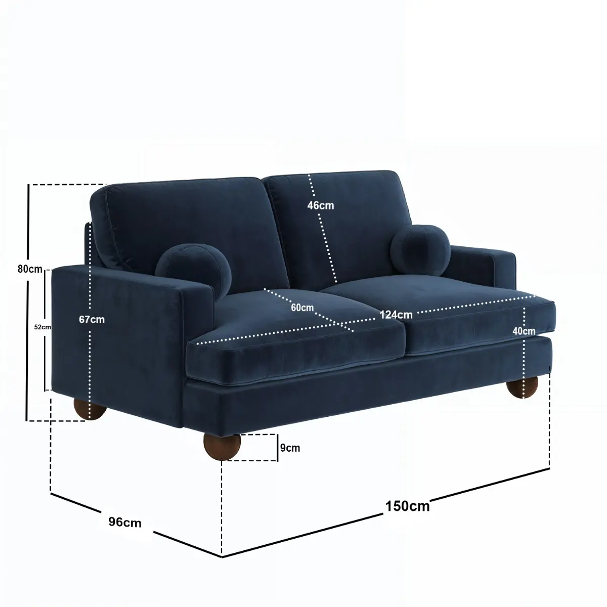 Dimensions diagram for SOLACE+CO Addison 2 Seater Blue Velvet Sofa