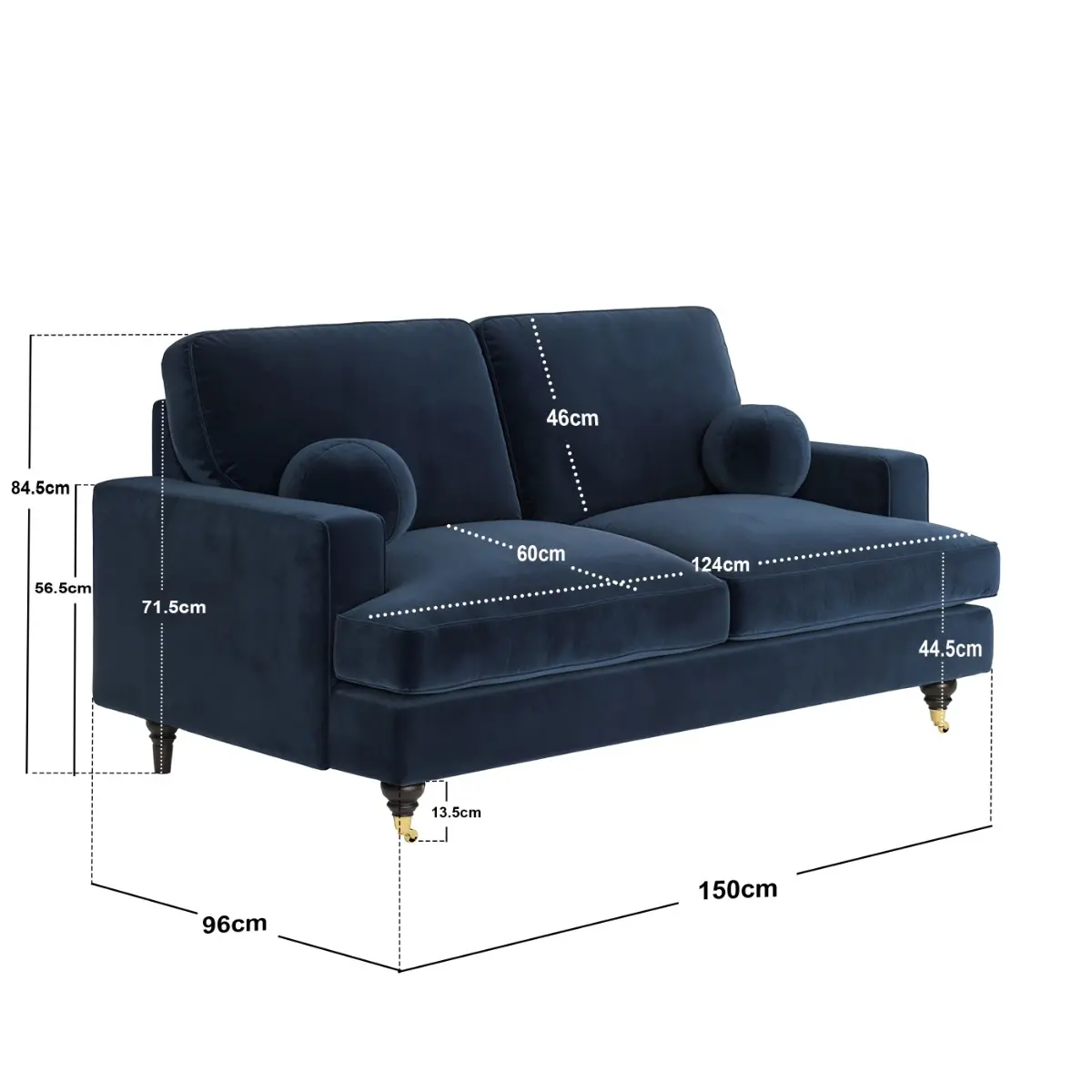 Dimensions diagram for SOLACE+CO Addison 2 Seater Sofa with Caster Legs Blue Velvet