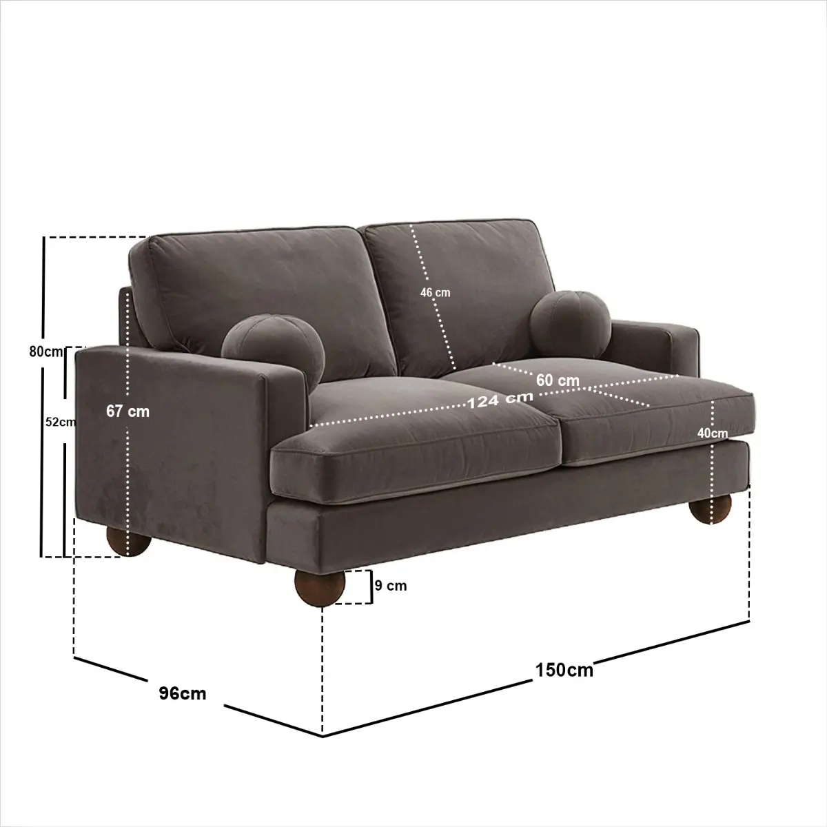 Dimensions diagram for SOLACE+CO Addison 2 Seater Mocha Velvet Sofa