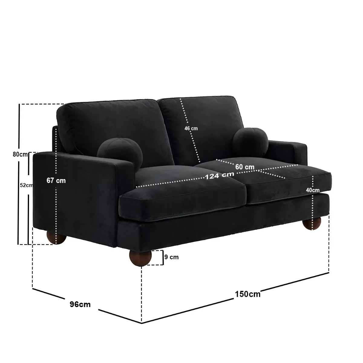 Dimensions diagram for SOLACE+CO Addison 2 Seater Sofa Black Velvet