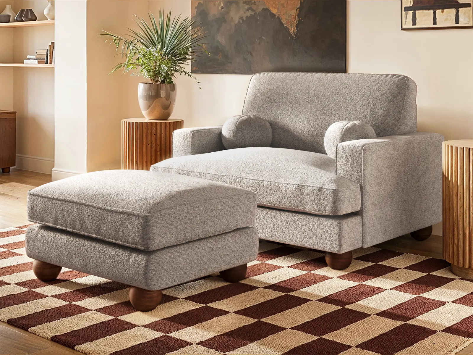 SOLACE+CO Addison Loveseat & Footstool Bundle Beige Boucle