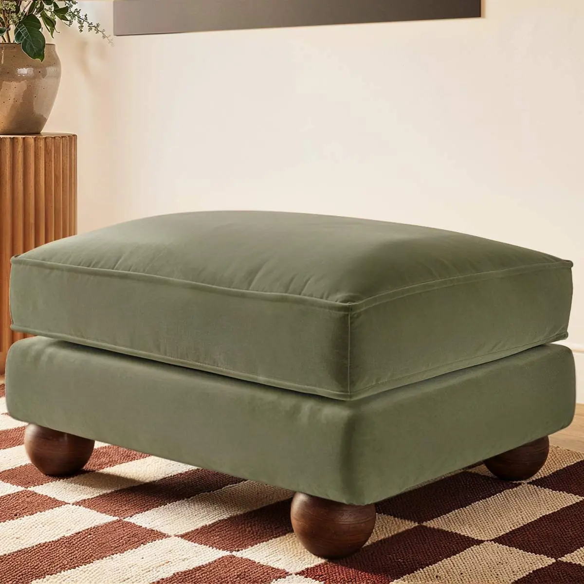 SOLACE+CO Addison Footstool Khaki Green Velvet