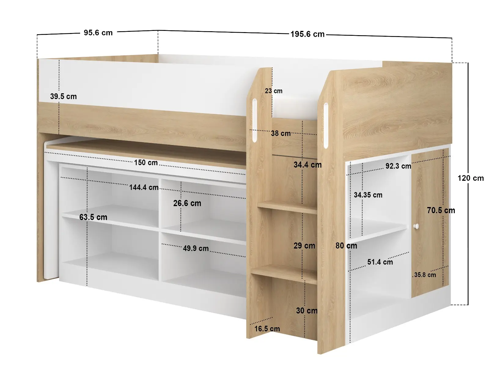 Dimensions diagram for Flair Aiden Kids Cabin Bed with Desk & Storage White & Oak