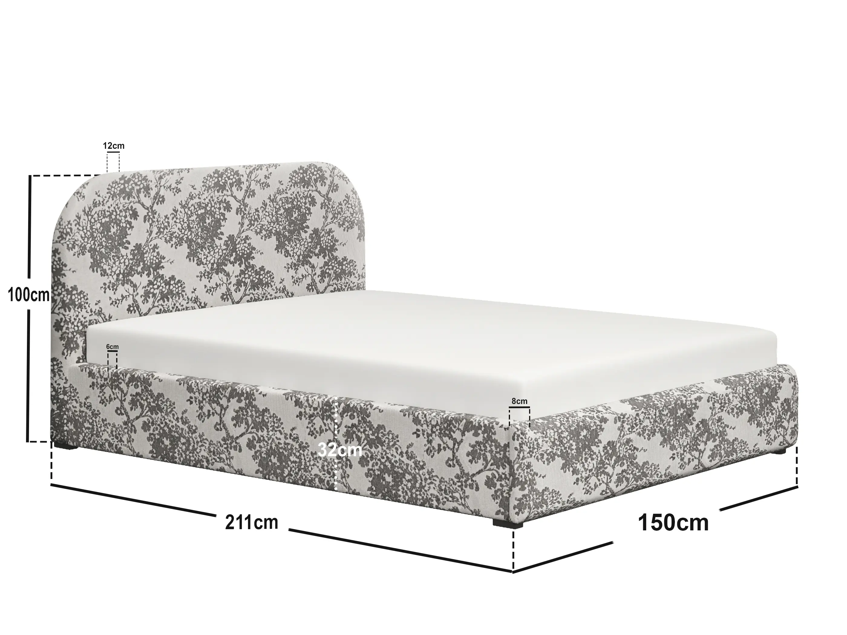 Dimensions diagram for Flair Alba Tree Print Ottoman Bed Beige-Double