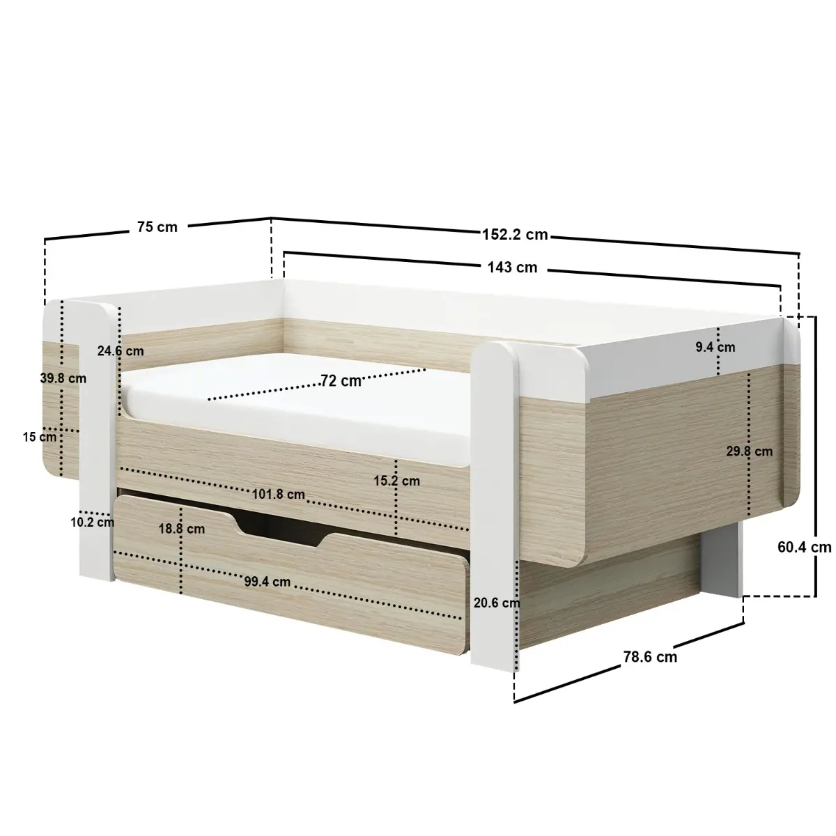 Dimensions diagram for Flair Alfie Wooden Toddler Bed White & Oak