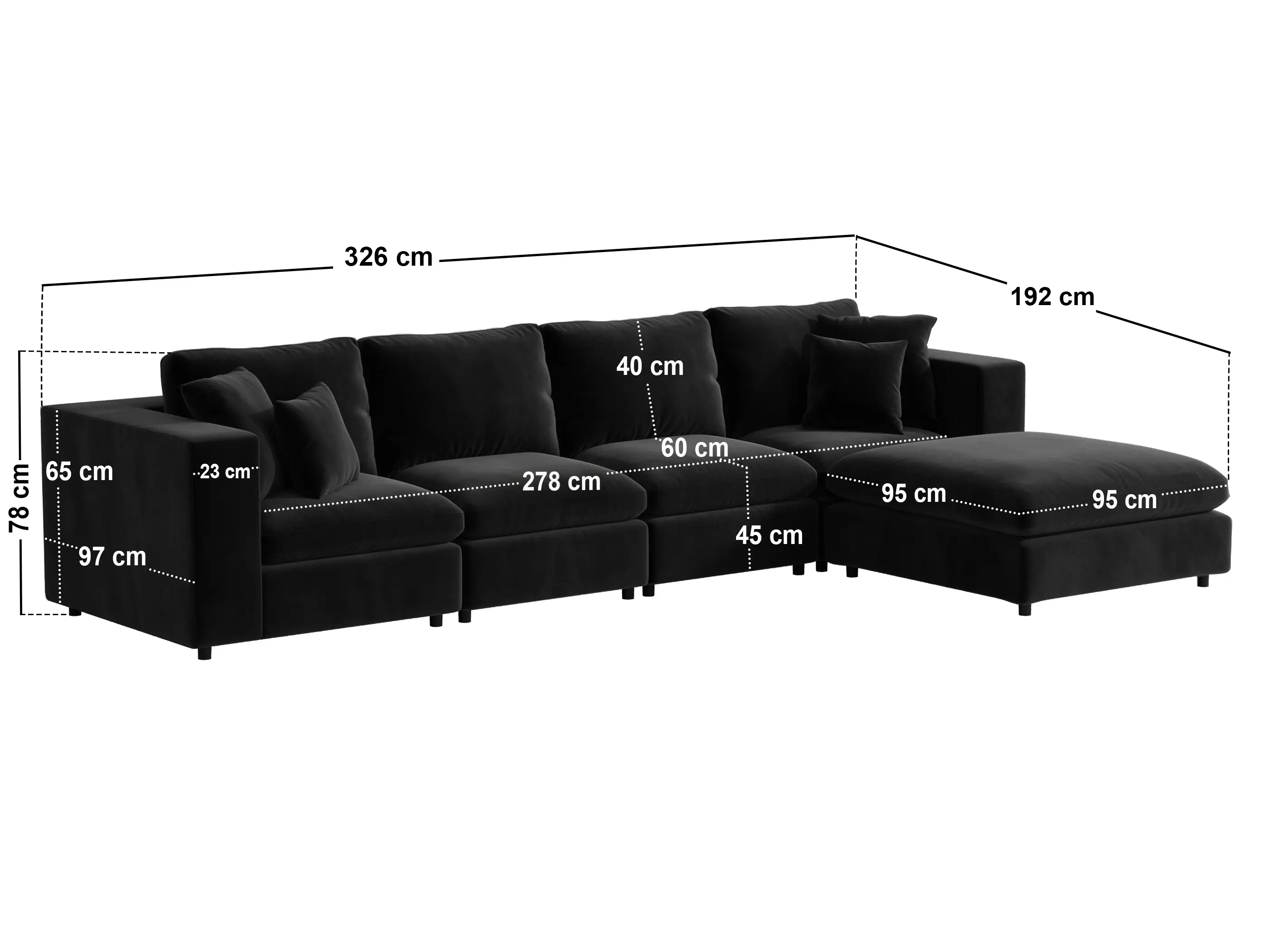 Dimensions diagram for SOLACE+CO Asher Large Sofa with Reversible Footstool-Black Velvet