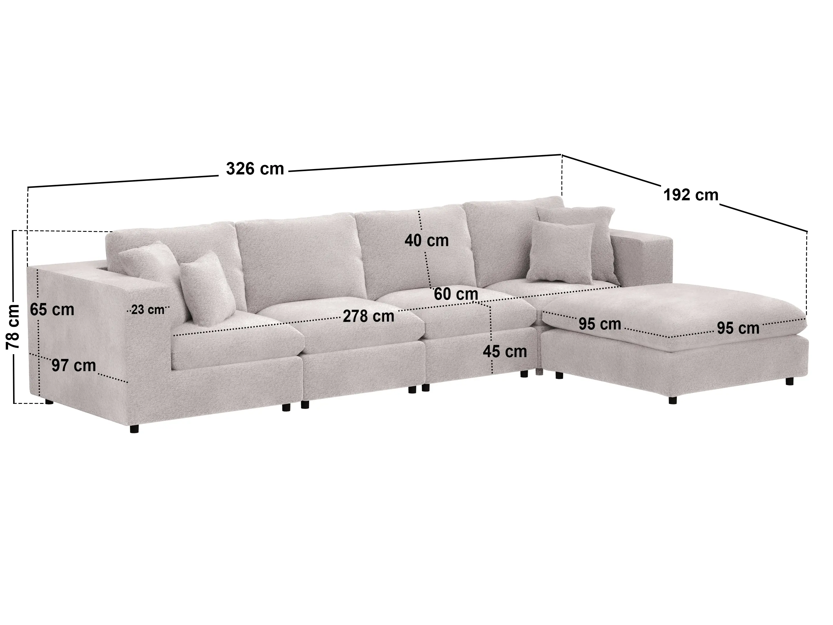 Dimensions diagram for SOLACE+CO Asher Large Sofa with Reversible Footstool Beige Boucle