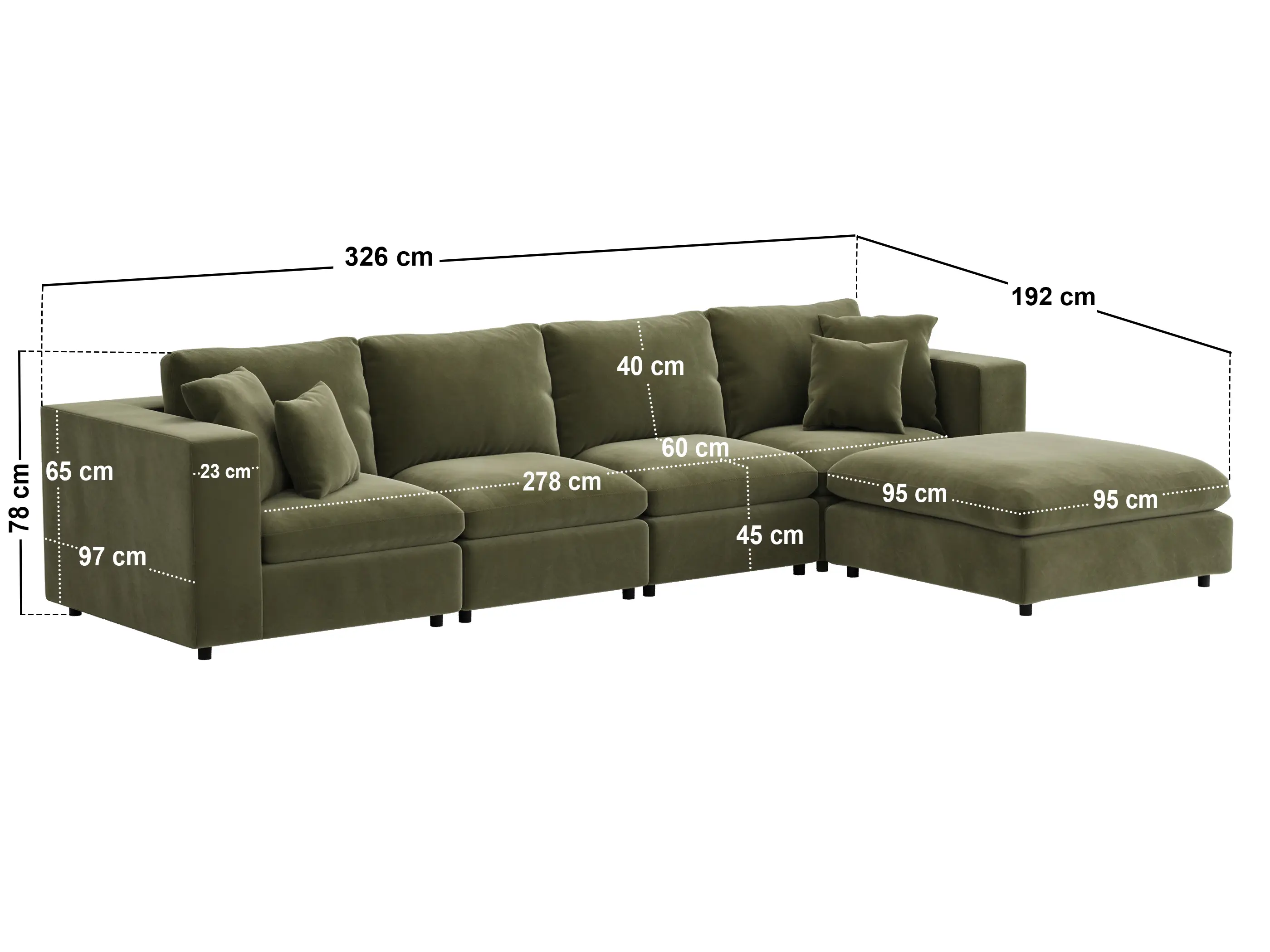 Dimensions diagram for SOLACE+CO Asher Large Sofa with Reversible Footstool Khaki Green Velvet