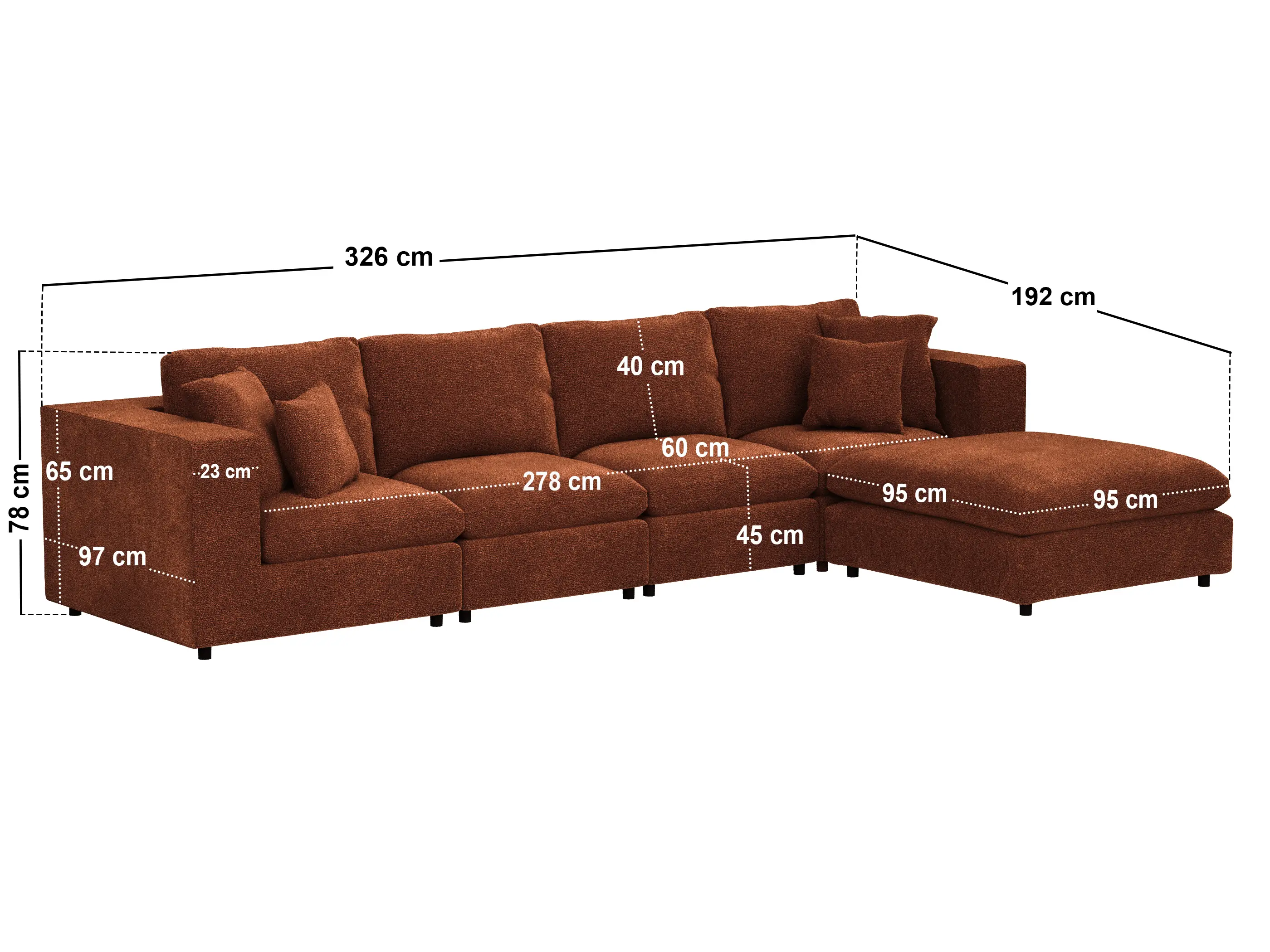 Dimensions diagram for SOLACE+CO Asher Large Sofa with Reversible Footstool Burnt Orange Chenille