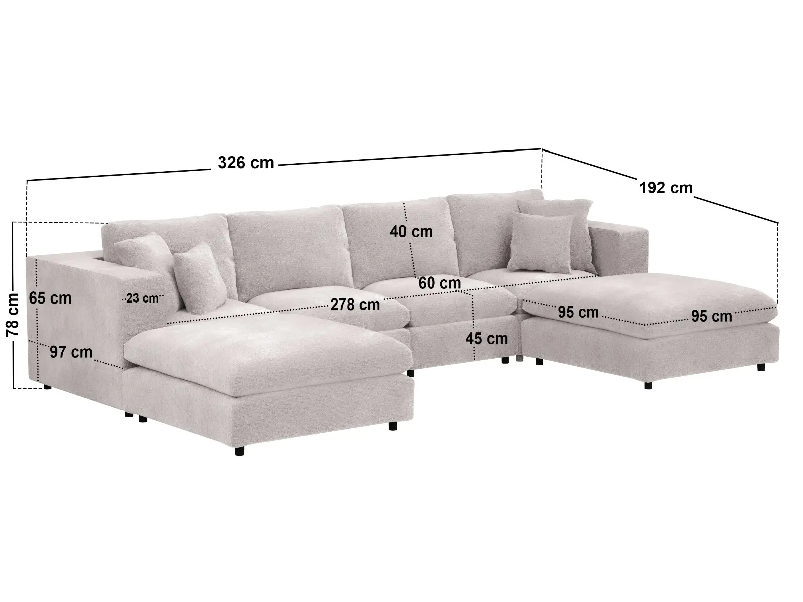 Dimensions diagram for SOLACE+CO Asher Large U Shape Sofa Bundle