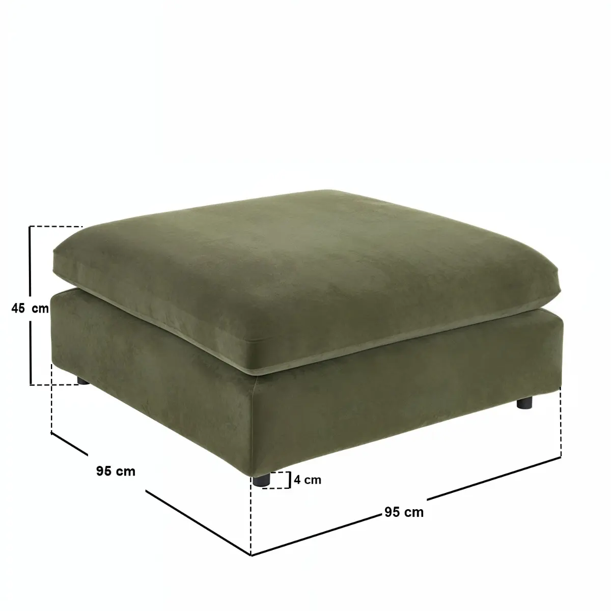 Dimensions diagram for SOLACE+CO Asher Large Square Footstool Khaki Green Velvet 