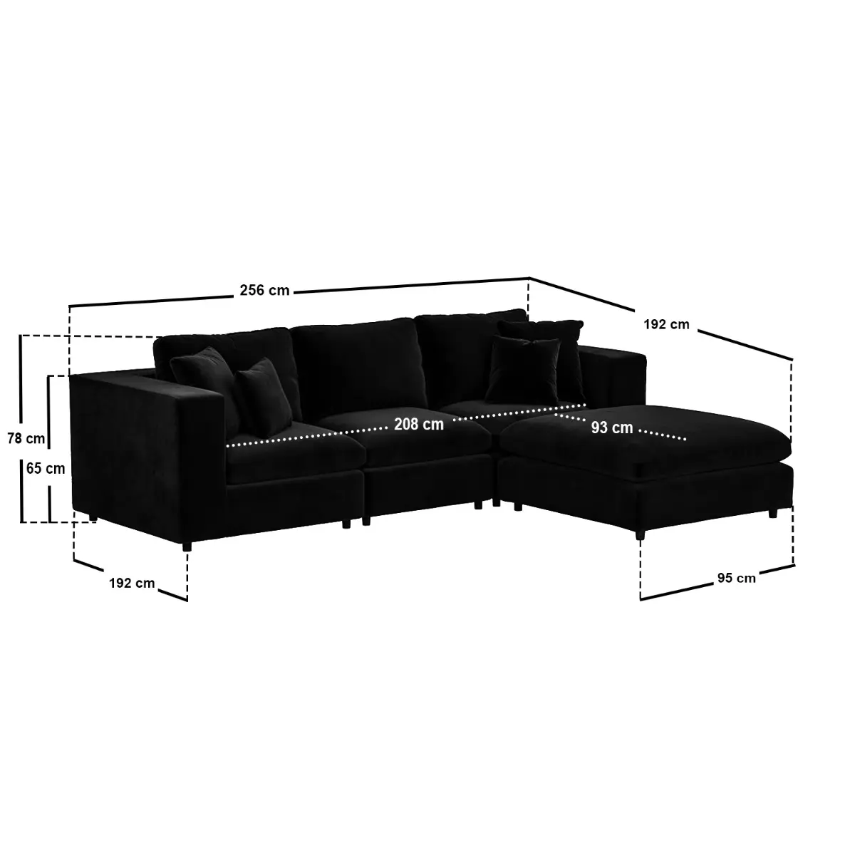 Dimensions diagram for SOLACE+CO Asher 4 Seater Sofa with Reversible Footstool Black Velvet