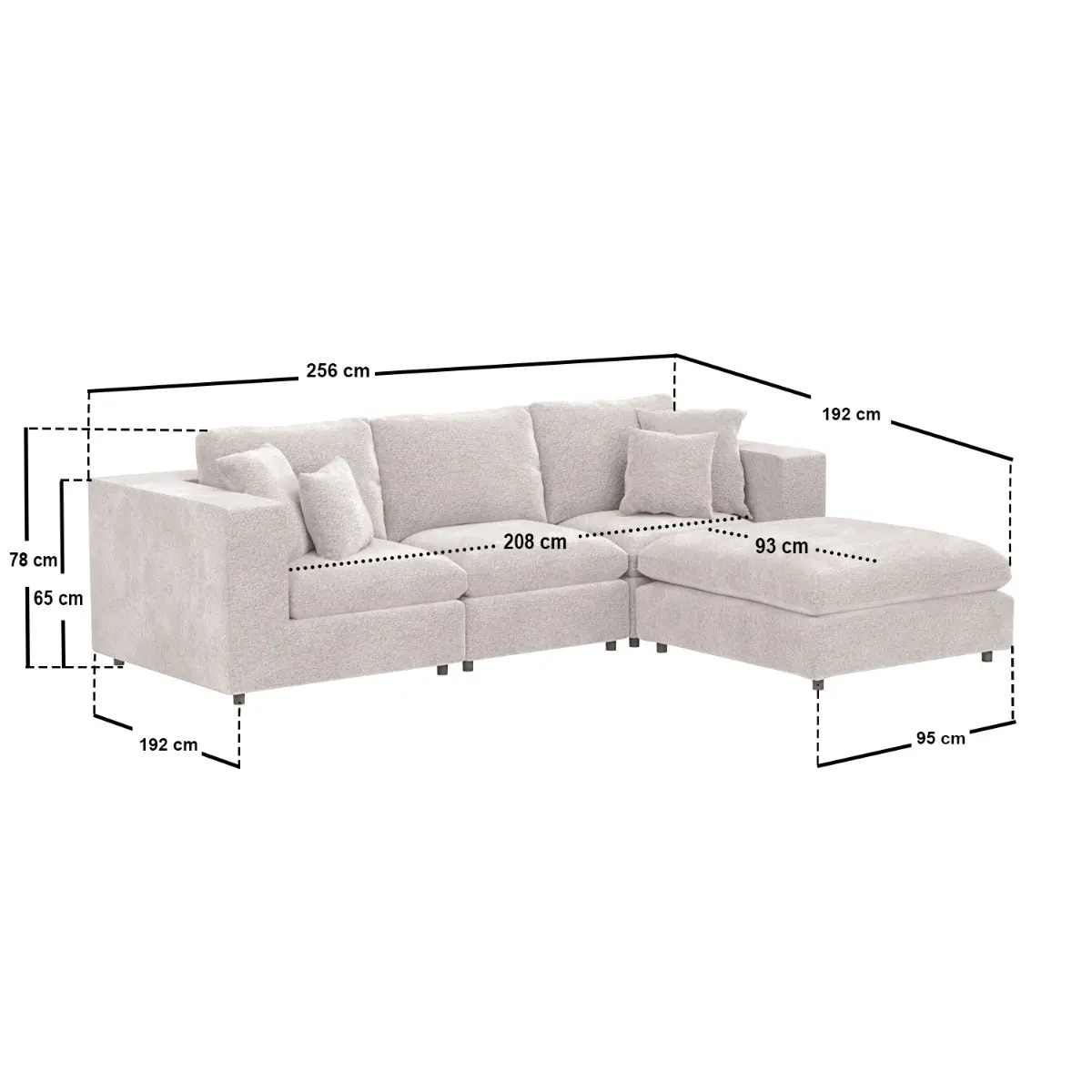 Dimensions diagram for SOLACE+CO Asher 4 Seater Sofa with Reversible Footstool Beige Boucle