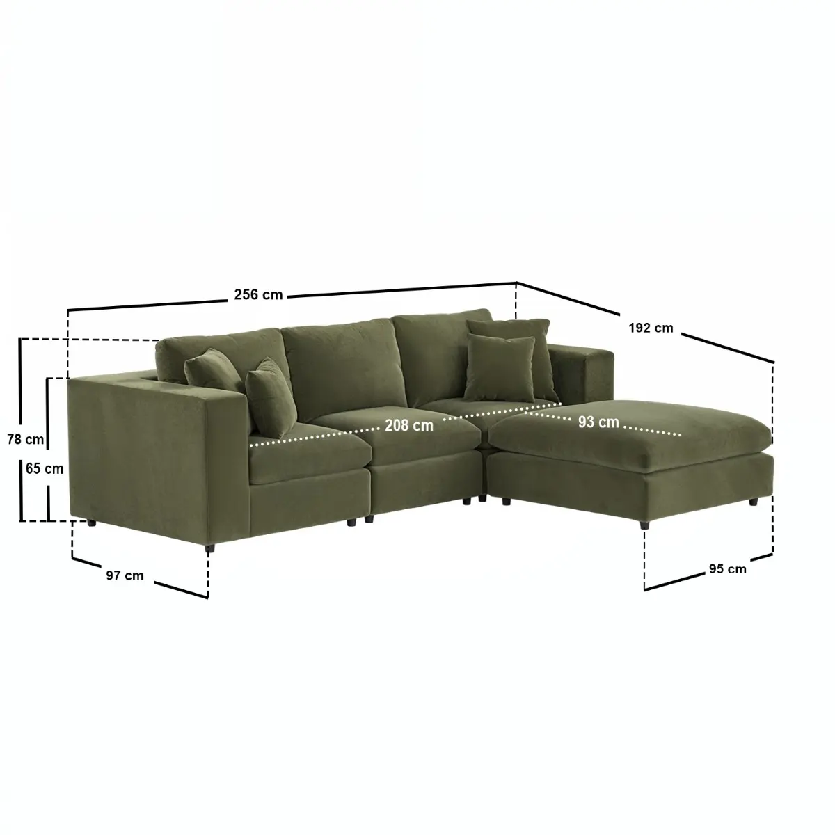 Dimensions diagram for SOLACE+CO Asher 4 Seater Sofa with Reversible Footstool Khaki Green Velvet