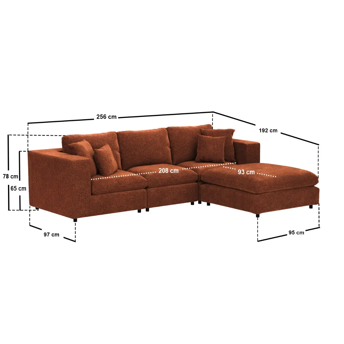 Dimensions diagram for SOLACE+CO Asher 4 Seater Sofa with Reversible Footstool Burnt Orange Chenille