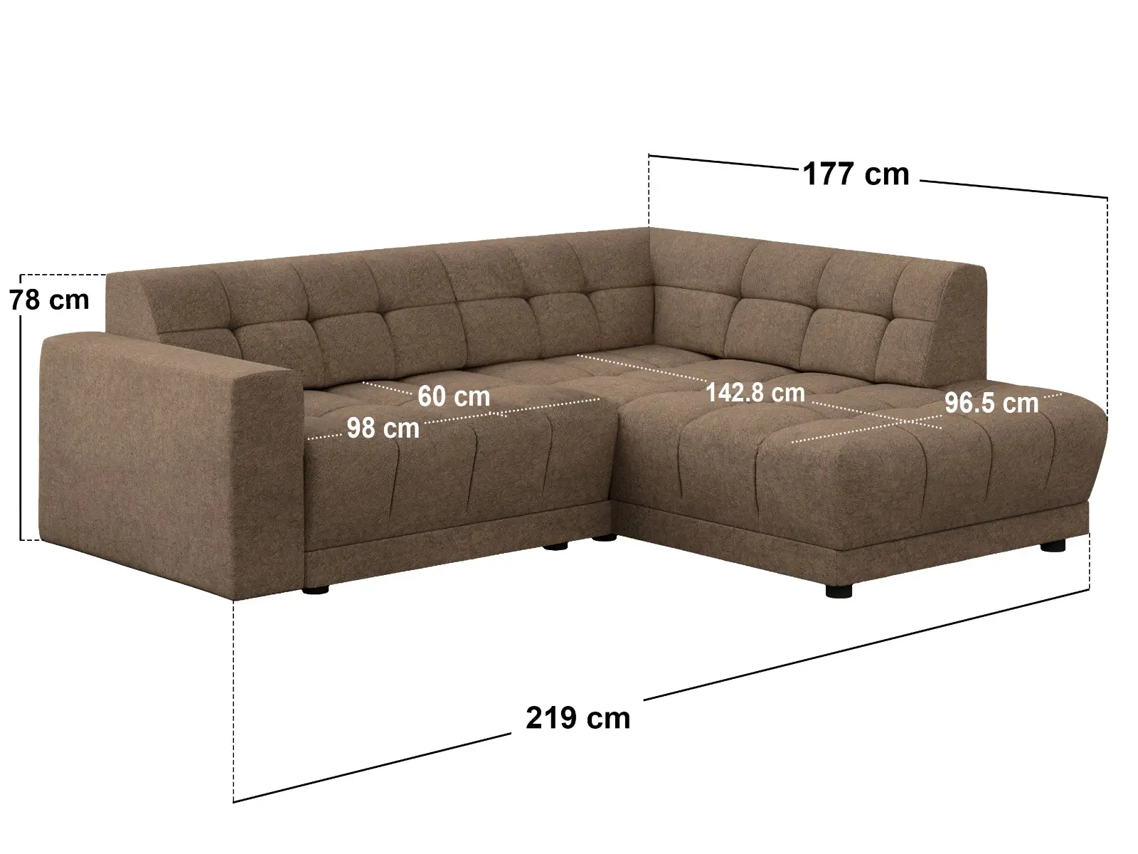 Dimensions diagram for SOLACE+CO Asta 3-Seater Right Corner Sofa Brown Fabric