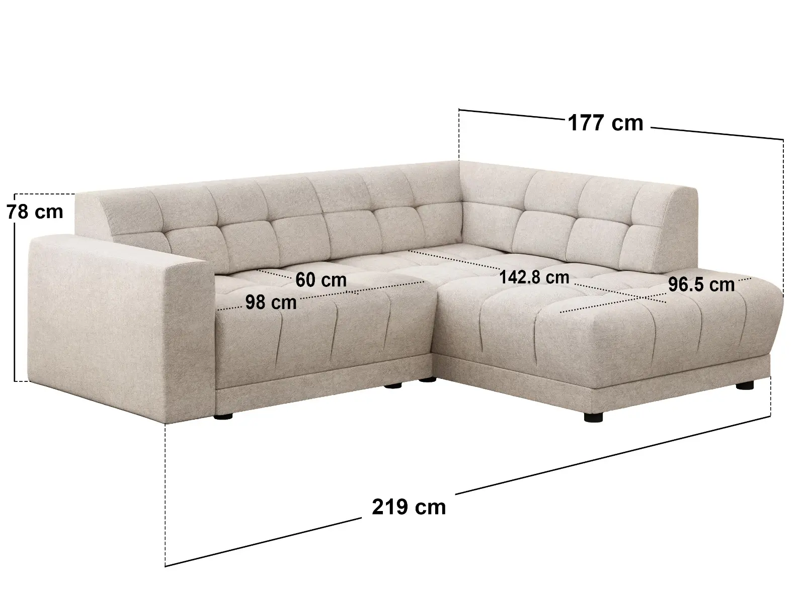 Dimensions diagram for SOLACE+CO Asta 3-Seater Right Corner Sofa Cream Fabric