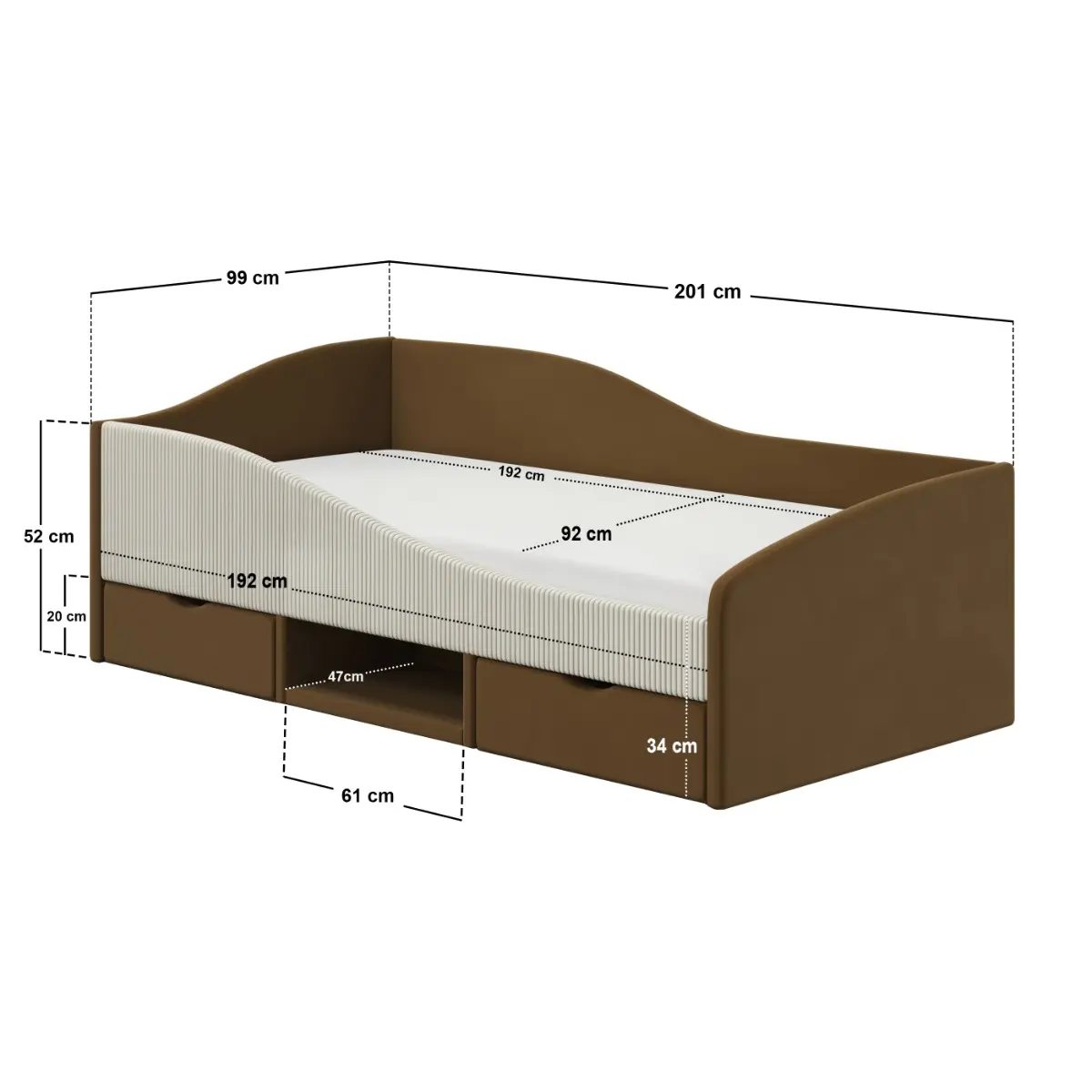 Dimensions diagram for Flair Aubrey Velvet Storage Low Sleeper Bed with Beige Cord