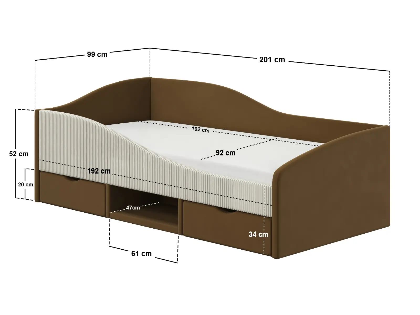 Dimensions diagram for Flair Aubrey Velvet Storage Low Sleeper Bed with Beige Cord Brown