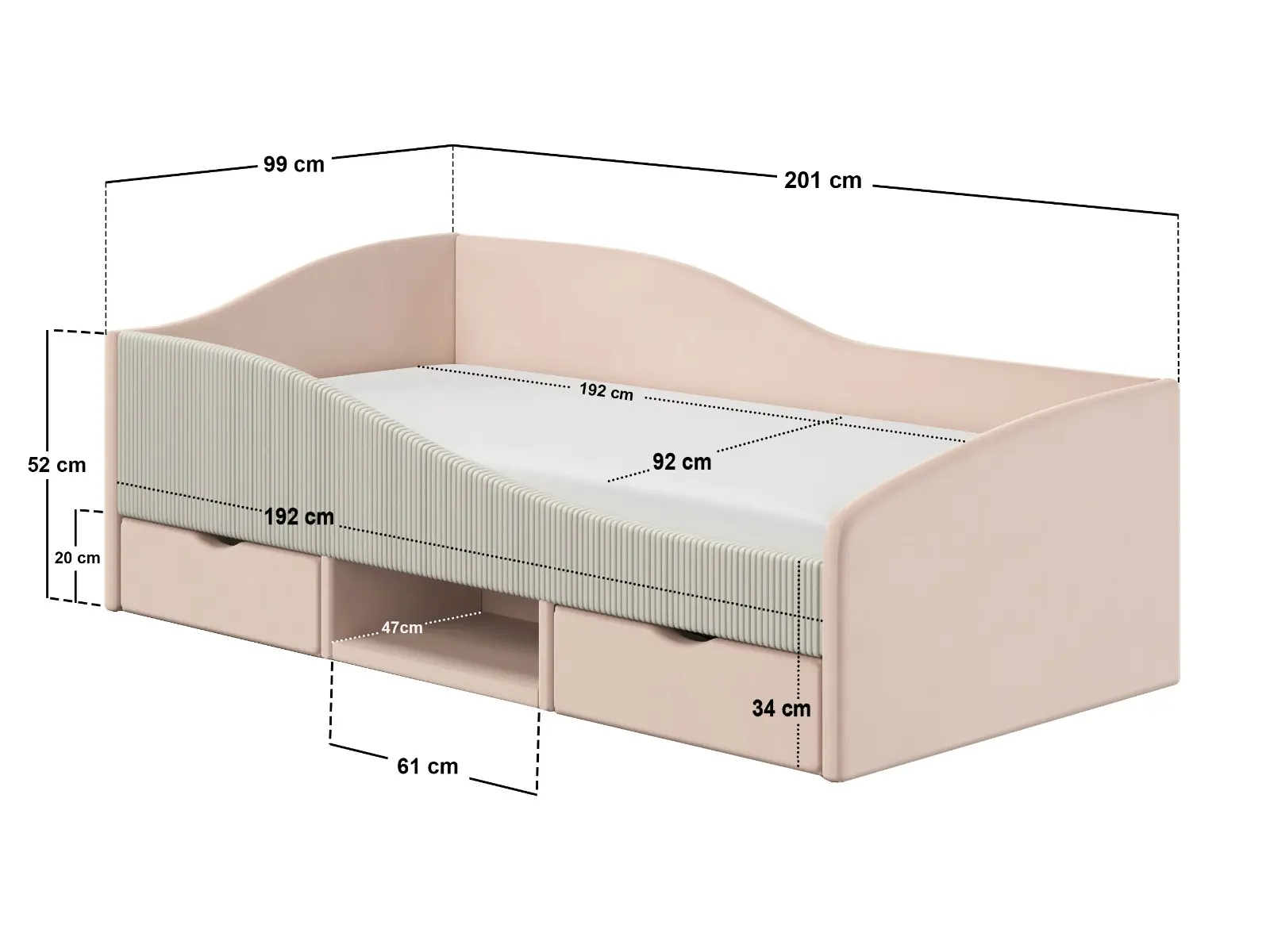 Dimensions diagram for Flair Aubrey Velvet Storage Low Sleeper Bed with Beige Cord Pink